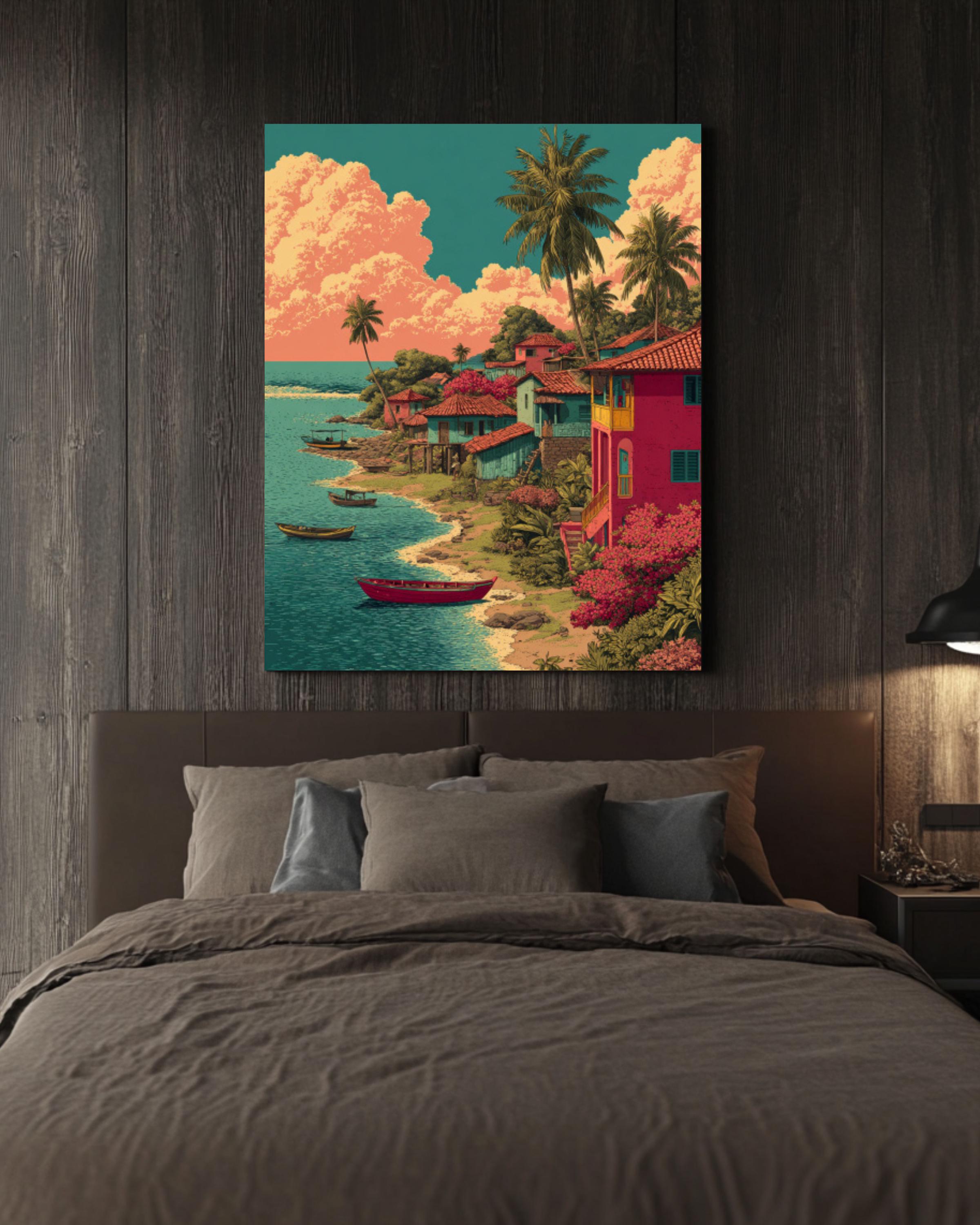 El Salvador Landscape Art: Colorful River Village Canvas Print Canvas Wall Art Print – Premium Home Decor