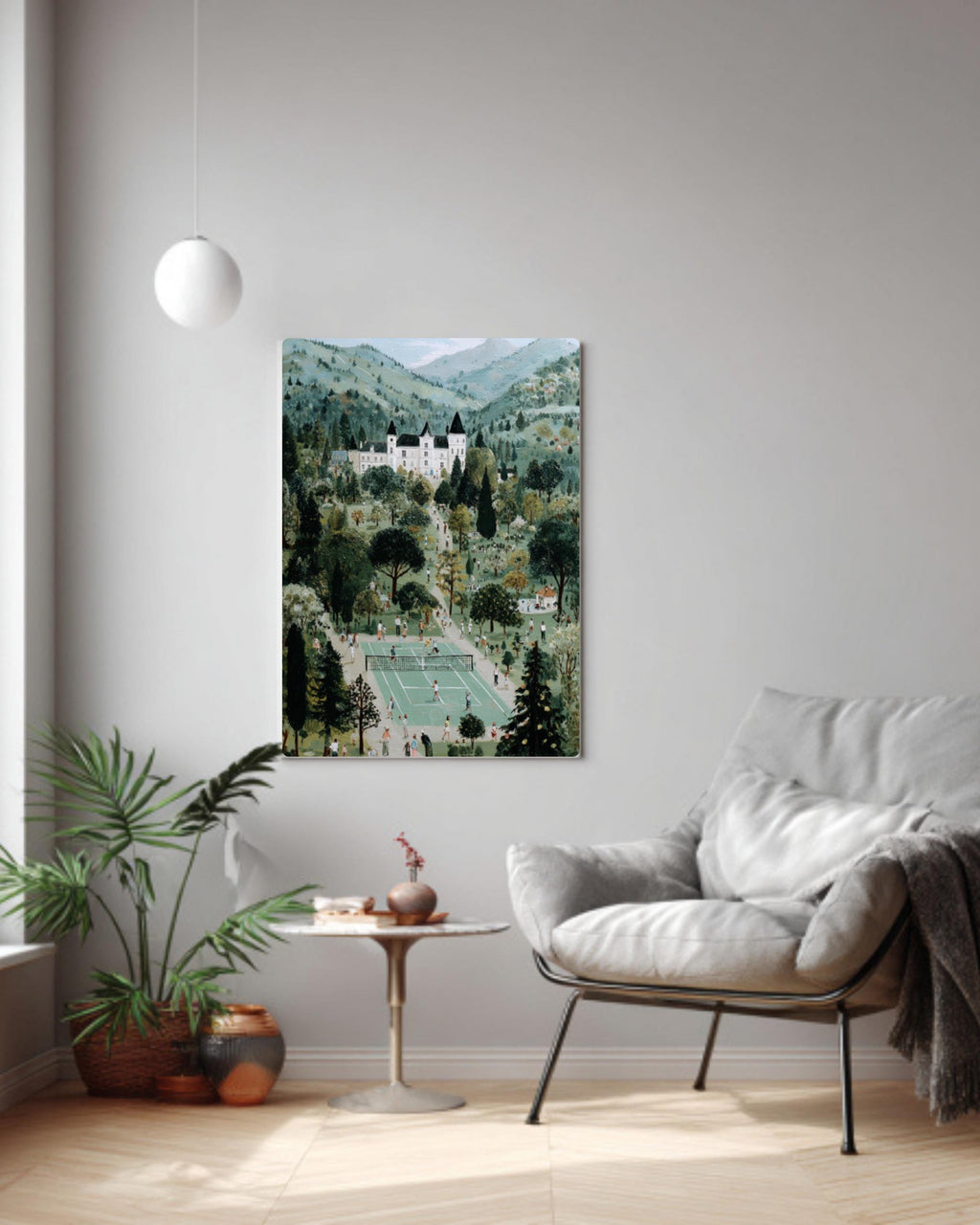 French Château Tennis Match Vintage Canvas Wall Art – Folk Style Painting