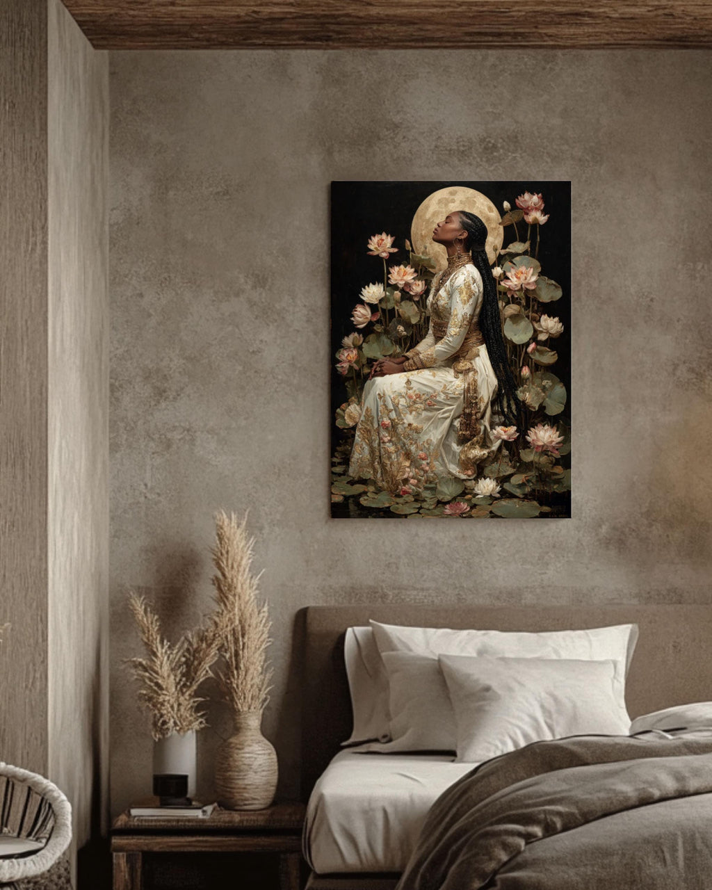 Baroque Moonlit Goddess Canvas Wall Art – Classical Woman with Lilies