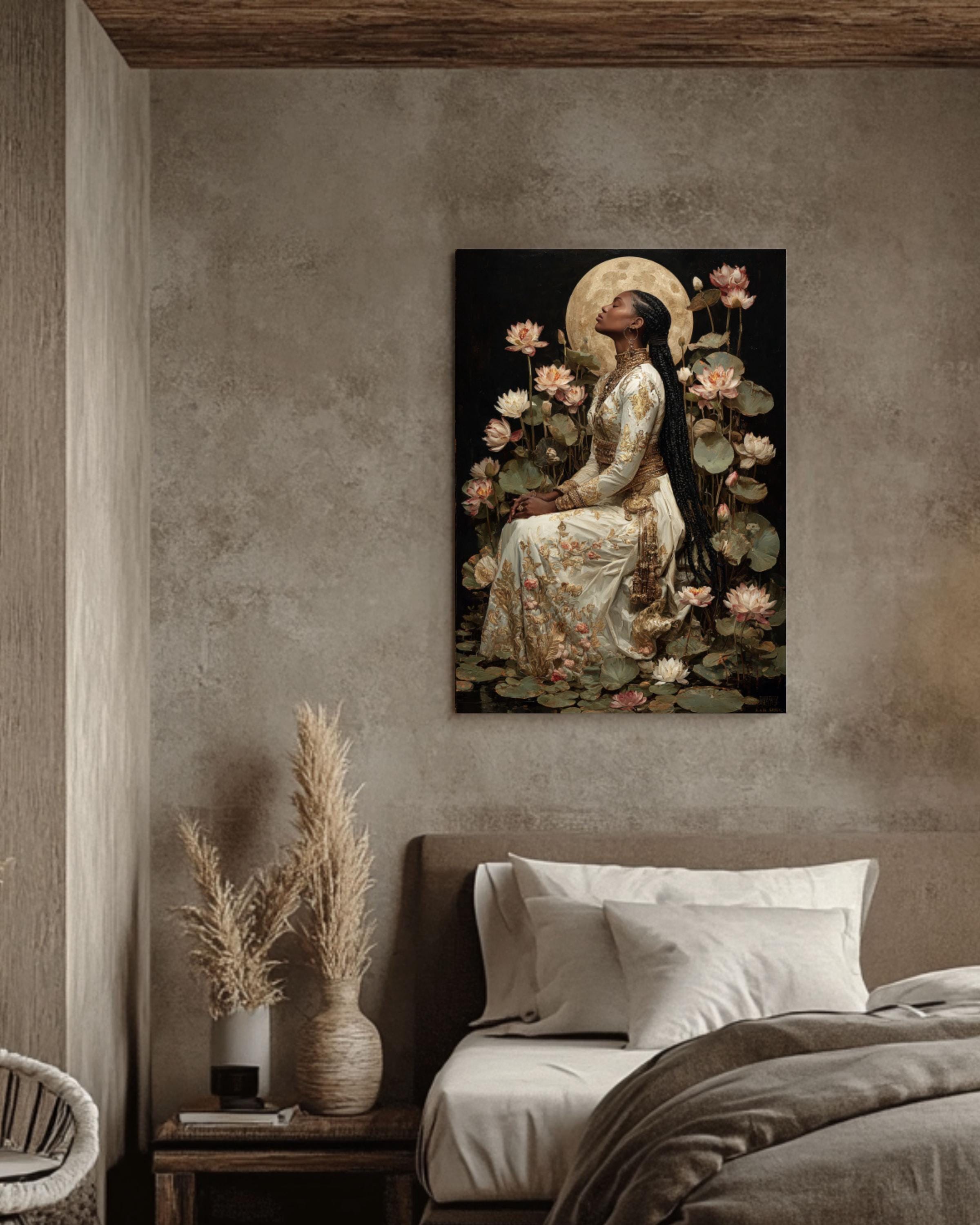 Baroque Moonlit Goddess Canvas Wall Art – Classical Woman with Lilies