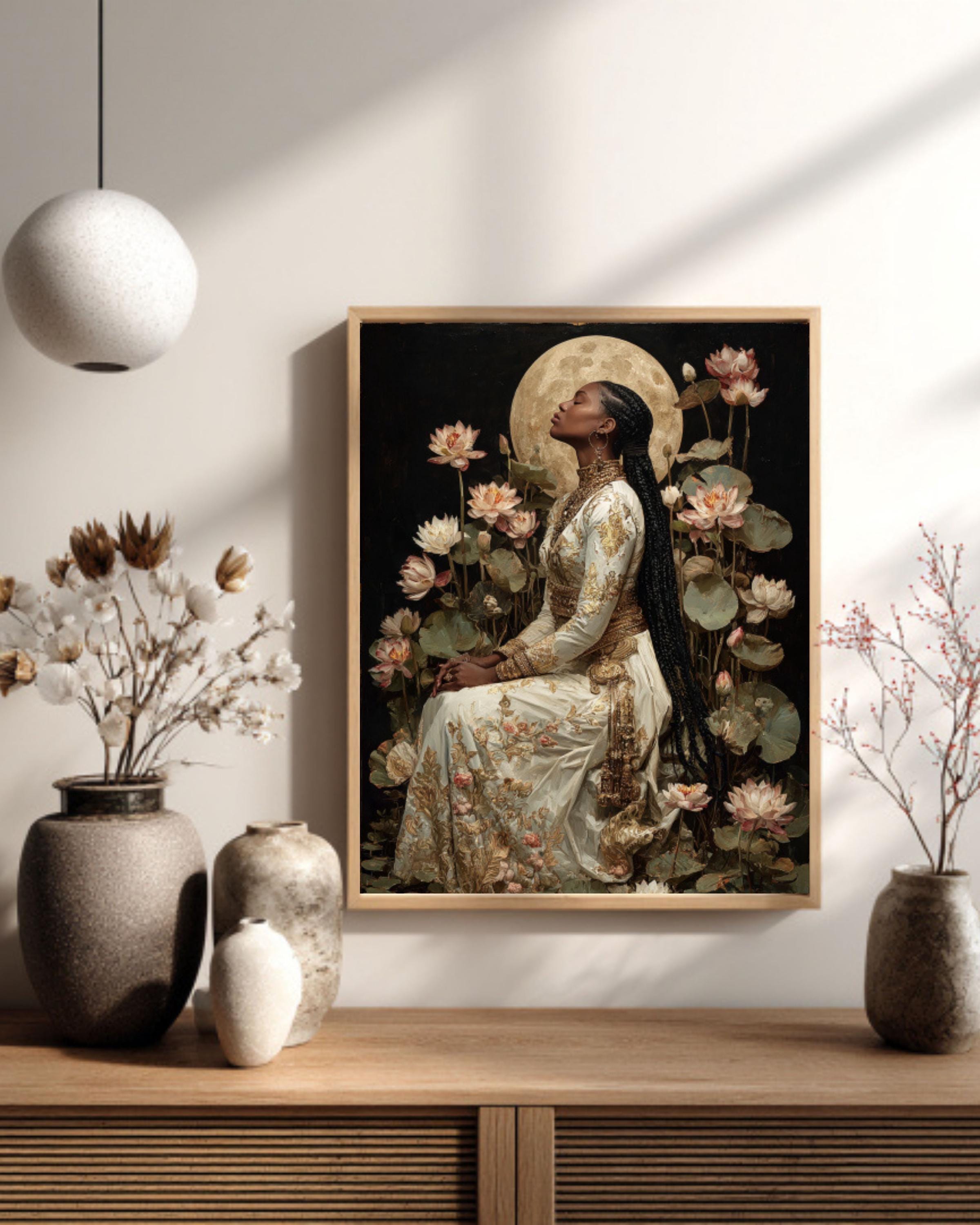 Baroque Moonlit Goddess Canvas Wall Art – Classical Woman with Lilies