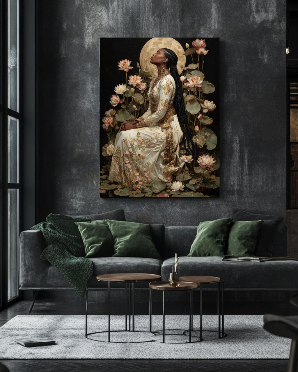 Baroque Moonlit Goddess Canvas Wall Art – Classical Woman with Lilies