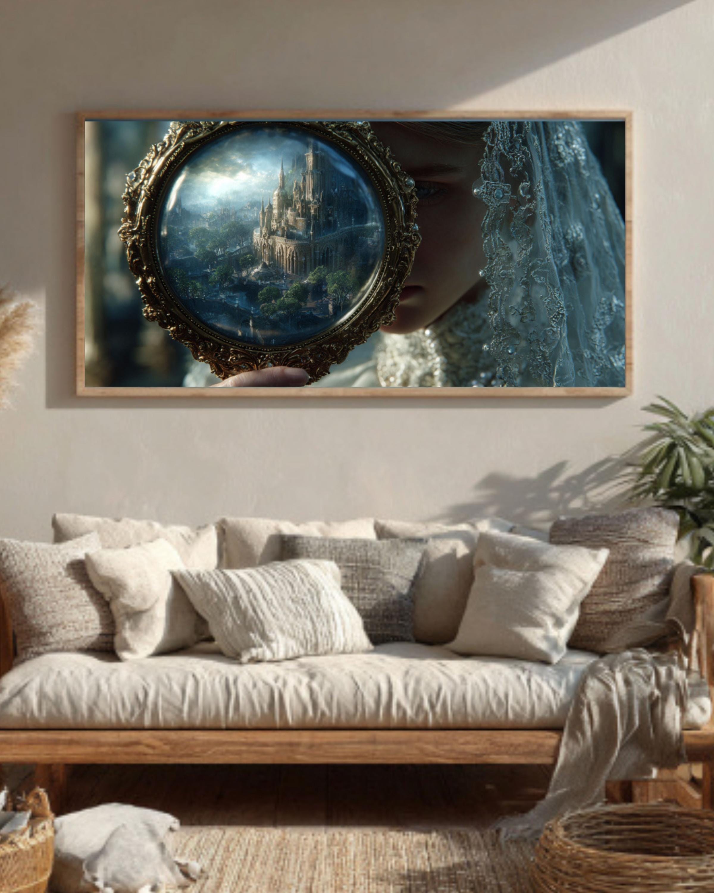 Gothic Witch Portrait Canvas Wall Art – Lace Veil Mirror Illustration
