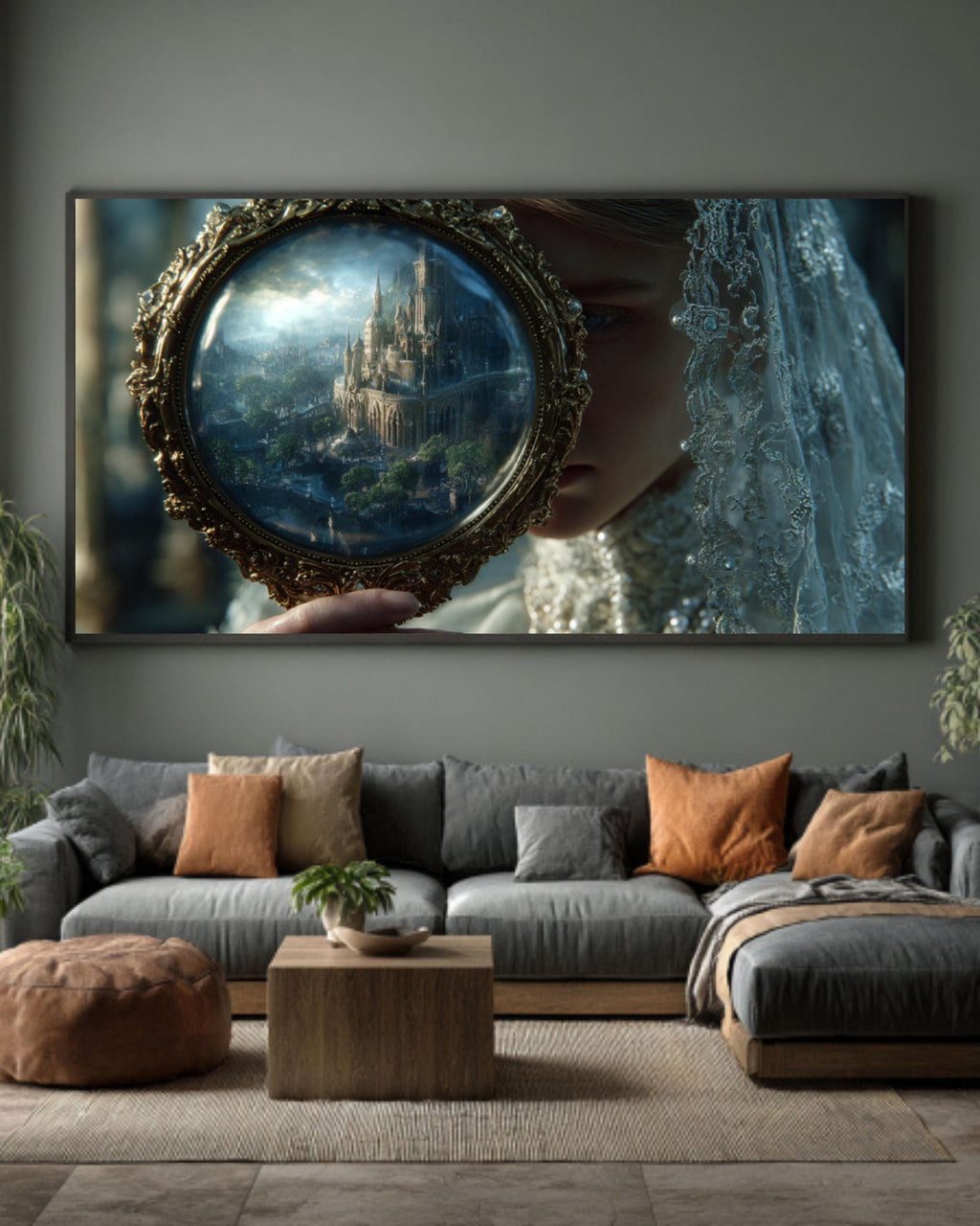 Gothic Witch Portrait Canvas Wall Art – Lace Veil Mirror Illustration