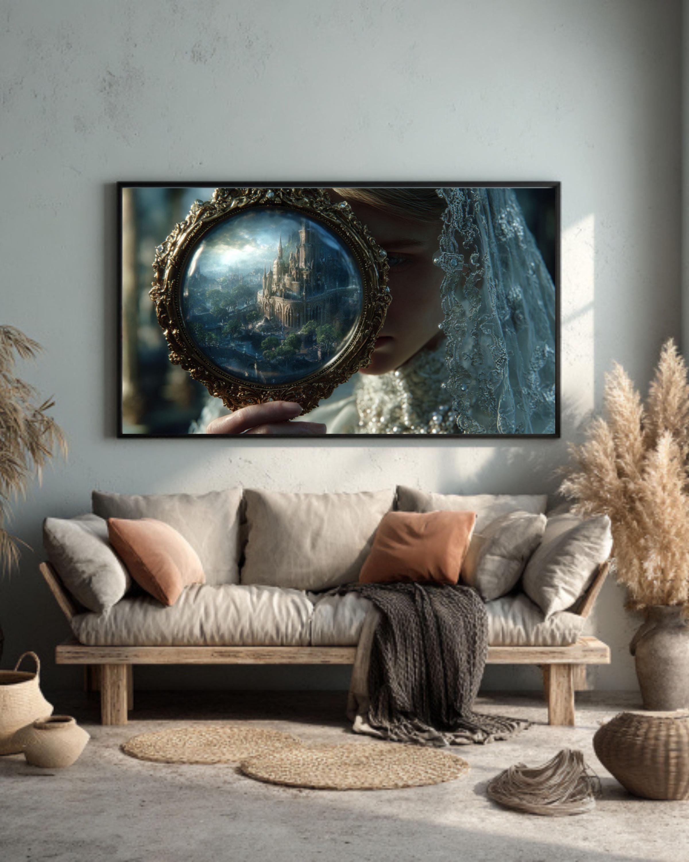 Gothic Witch Portrait Canvas Wall Art – Lace Veil Mirror Illustration