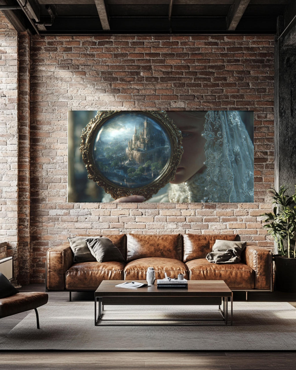 Gothic Witch Portrait Canvas Wall Art – Lace Veil Mirror Illustration