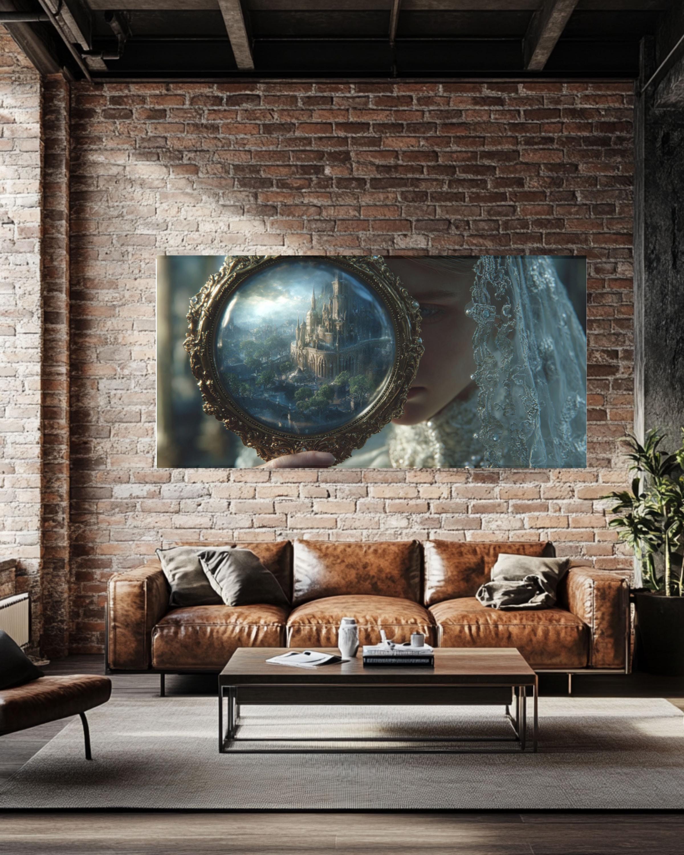 Gothic Witch Portrait Canvas Wall Art – Lace Veil Mirror Illustration