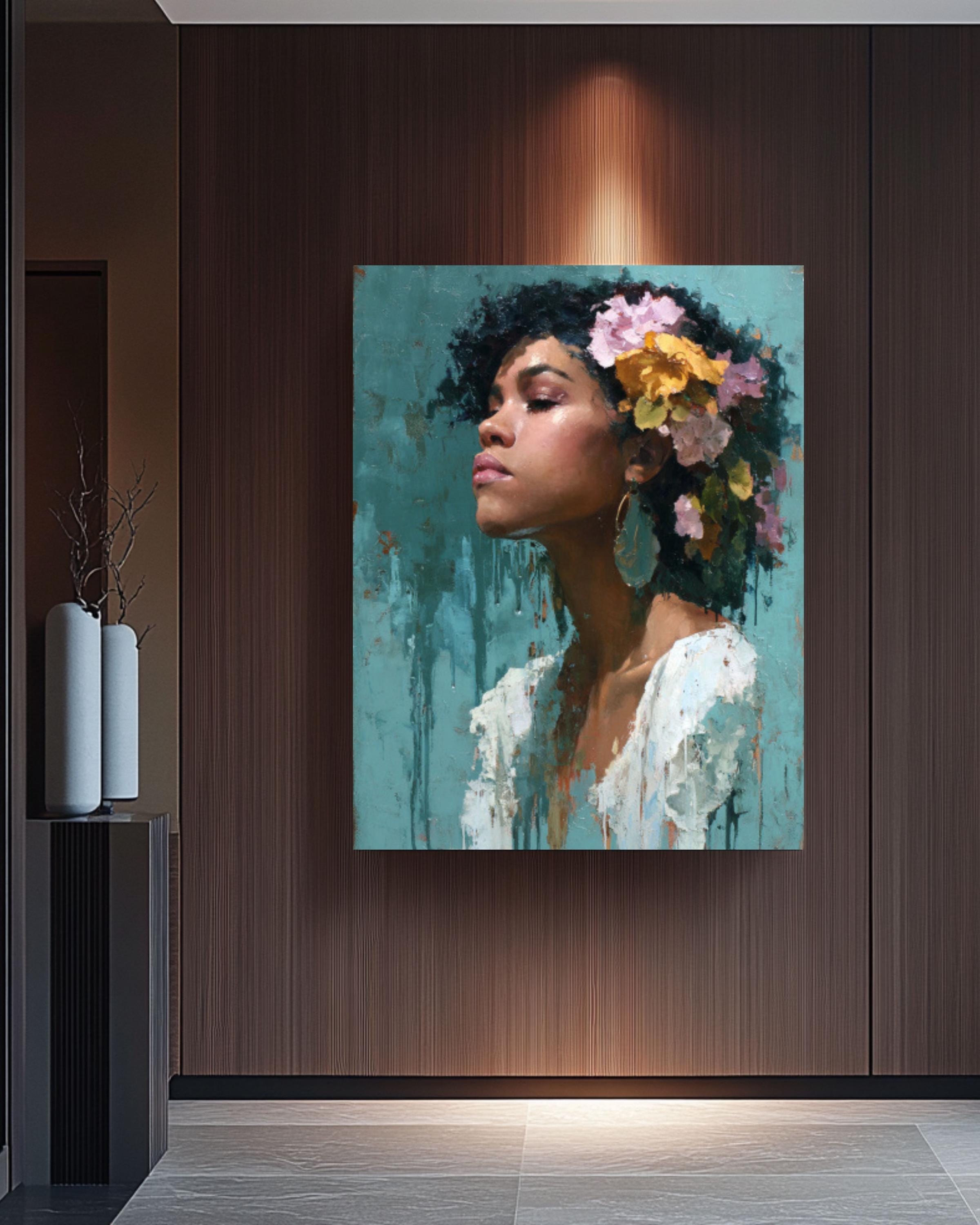 Afro Queen Portrait Canvas Wall Art – Black Woman with Flowers Painting