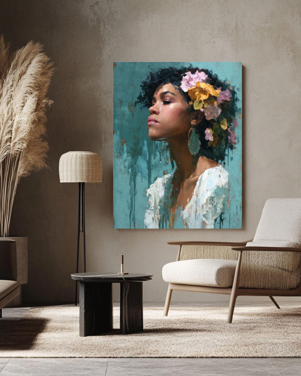 Afro Queen Portrait Canvas Wall Art – Black Woman with Flowers Painting