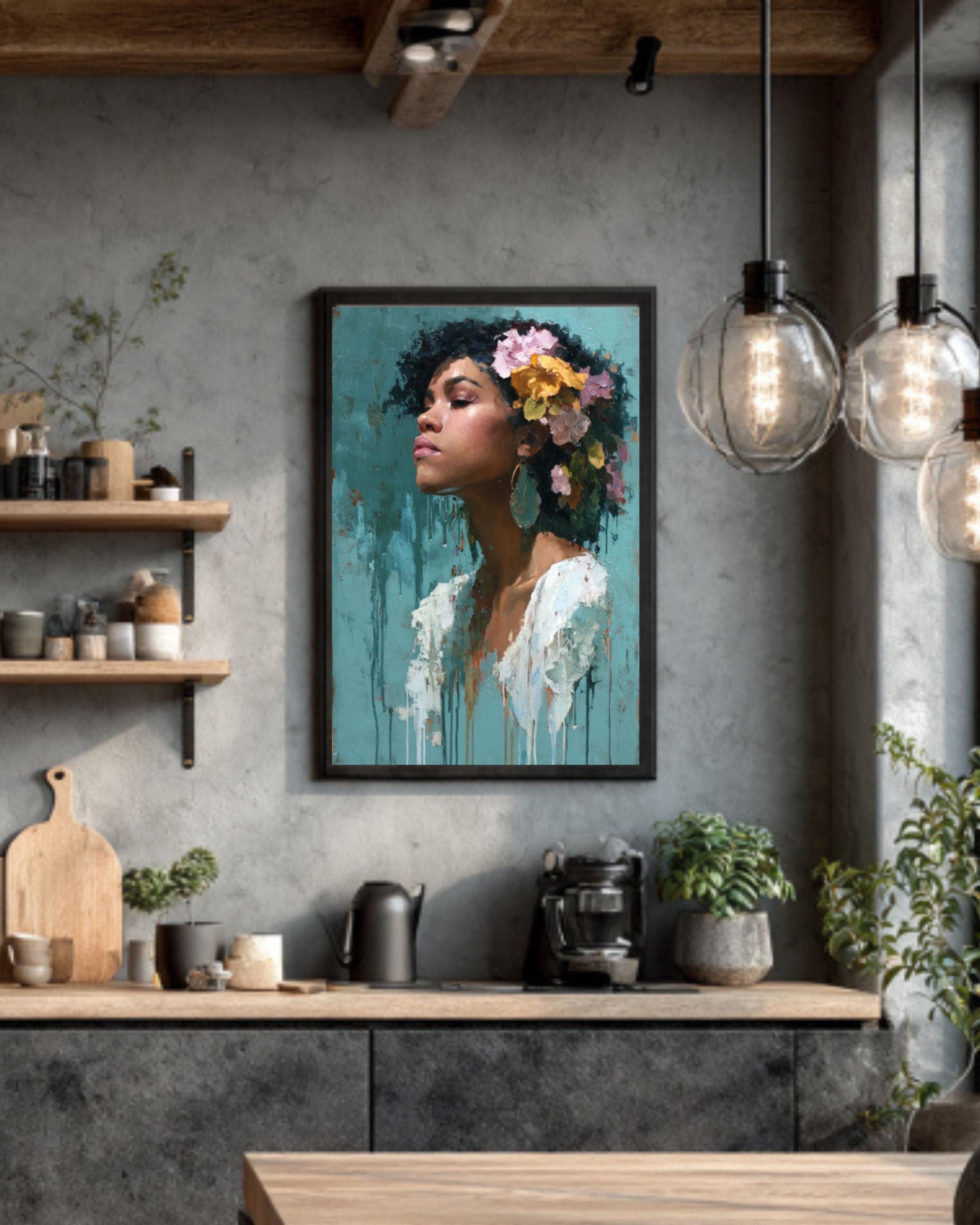 Afro Queen Portrait Canvas Wall Art – Black Woman with Flowers Painting