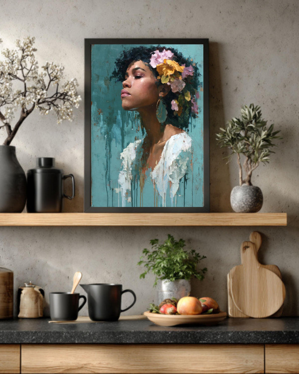 Afro Queen Portrait Canvas Wall Art – Black Woman with Flowers Painting