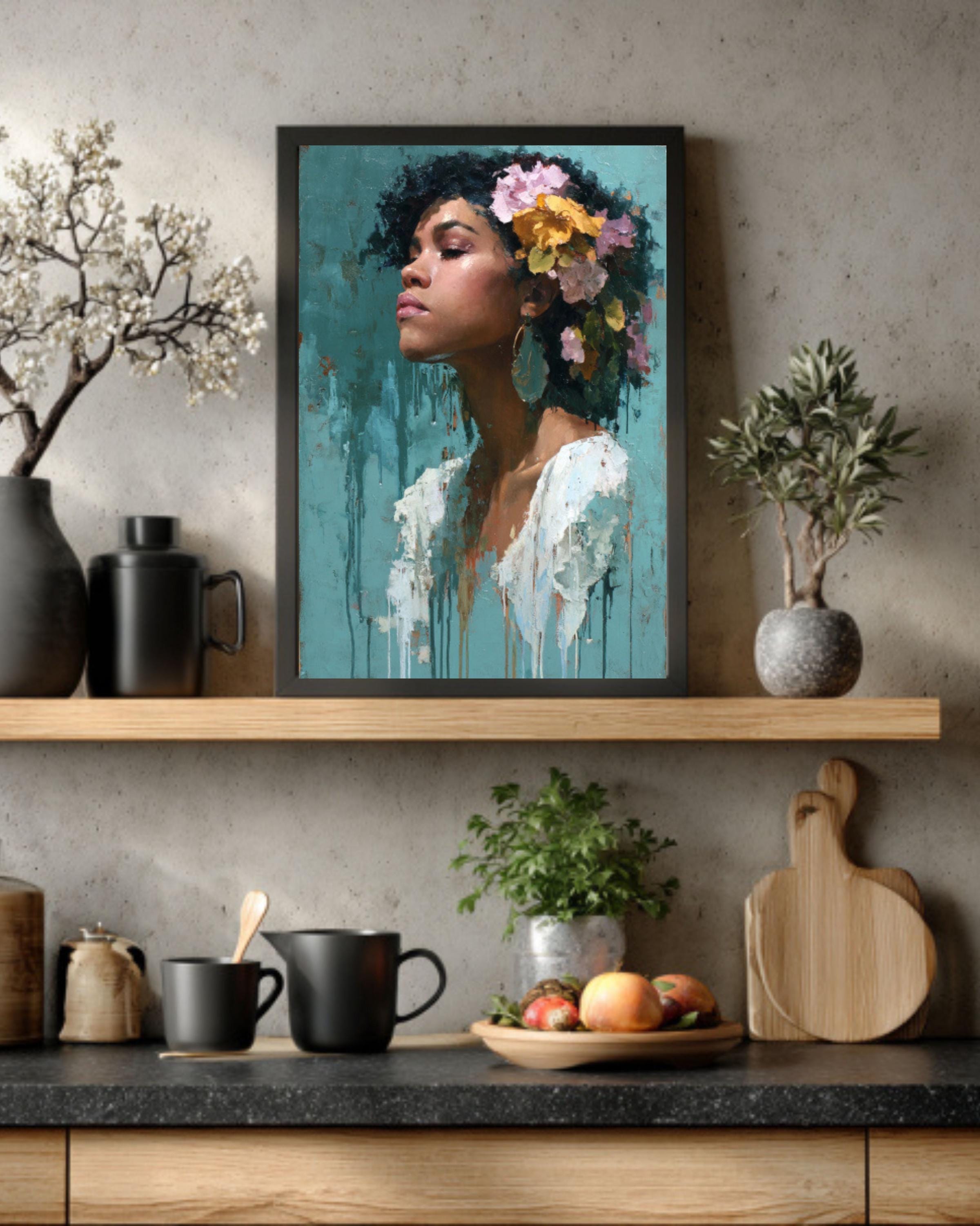 Afro Queen Portrait Canvas Wall Art – Black Woman with Flowers Painting