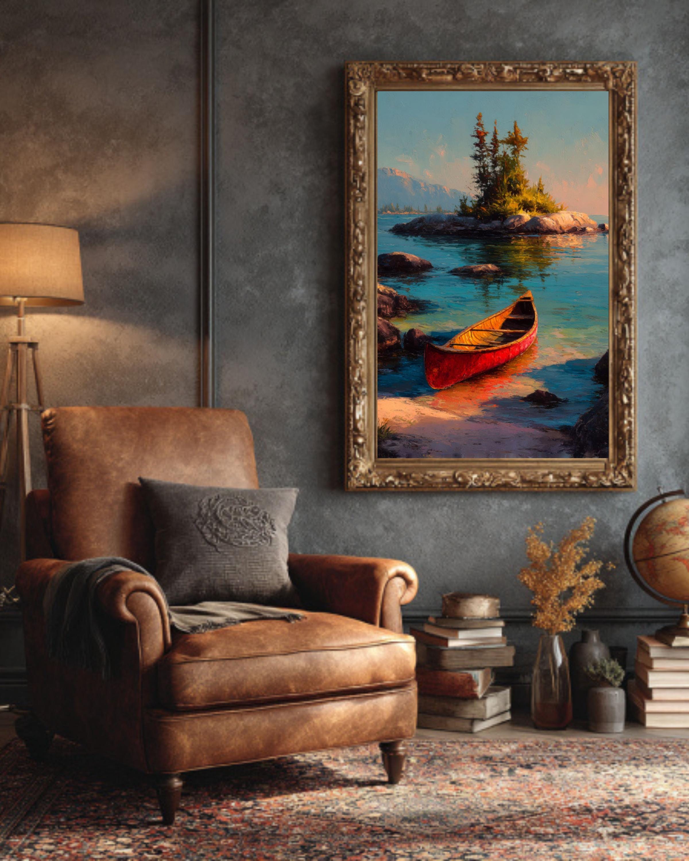 Vintage Red Canoe Lake Canvas Wall Art – Peaceful Mountain Landscape