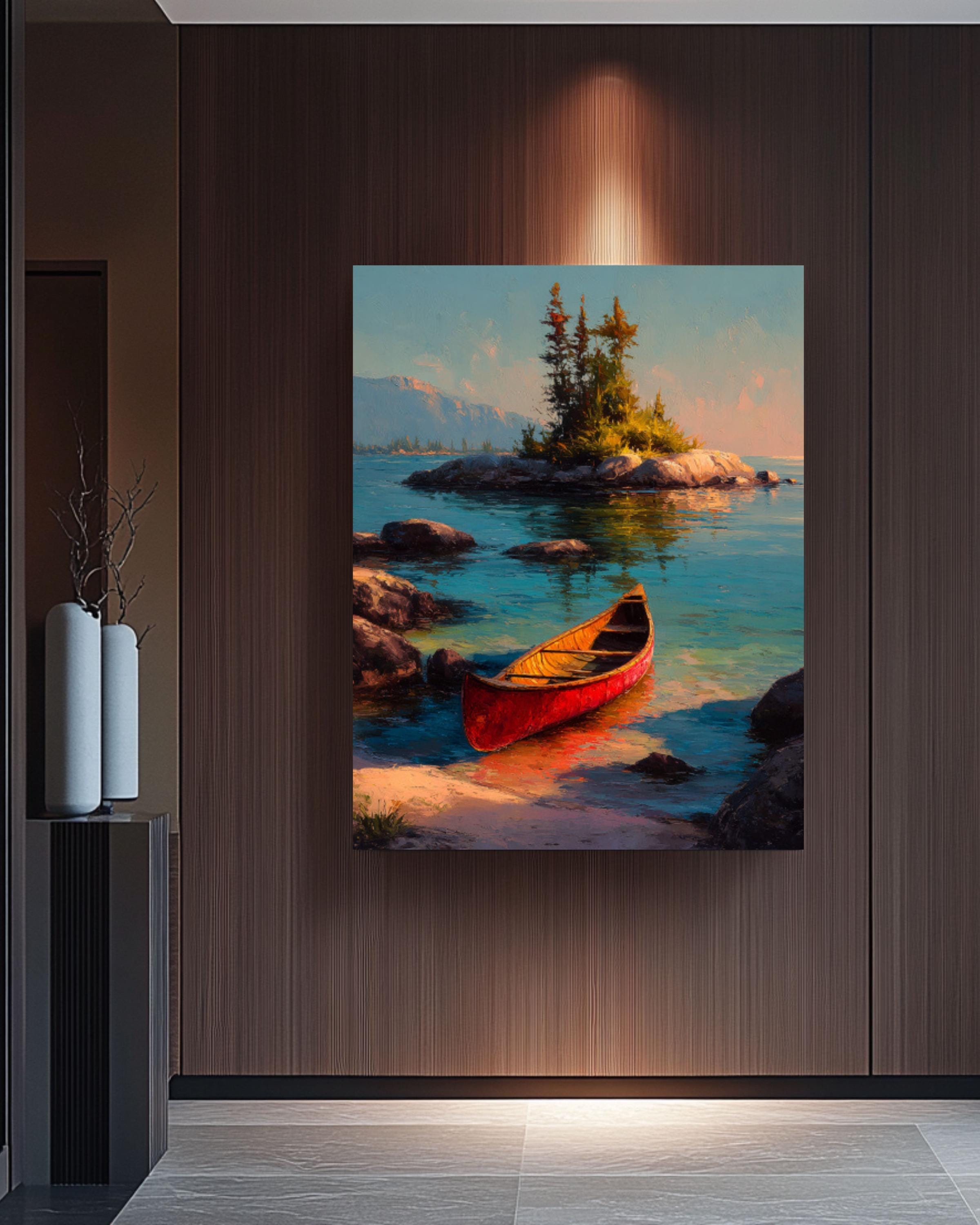 Vintage Red Canoe Lake Canvas Wall Art – Peaceful Mountain Landscape