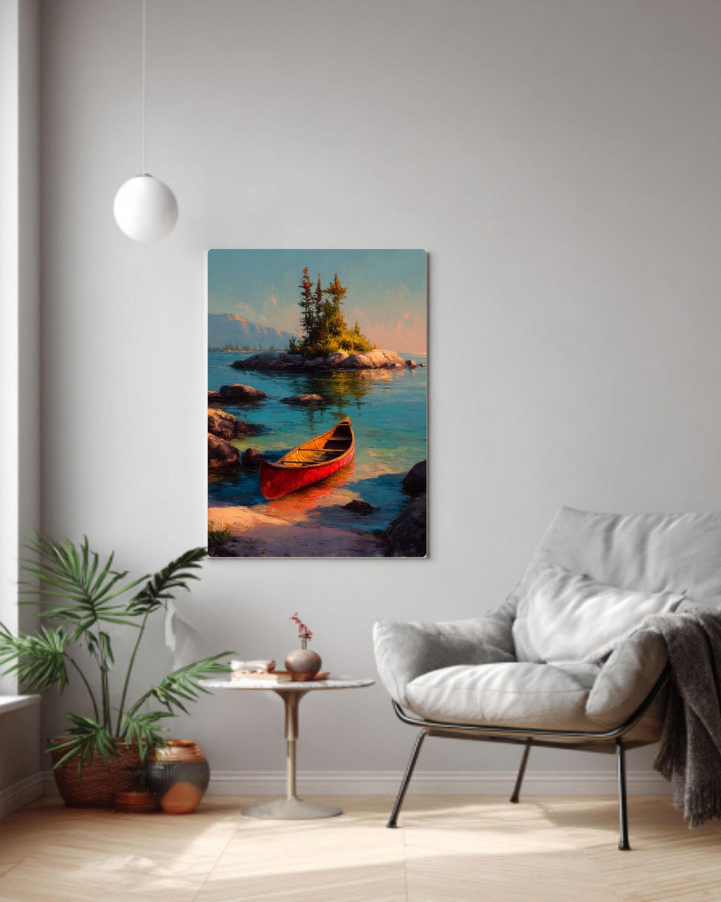 Vintage Red Canoe Lake Canvas Wall Art – Peaceful Mountain Landscape