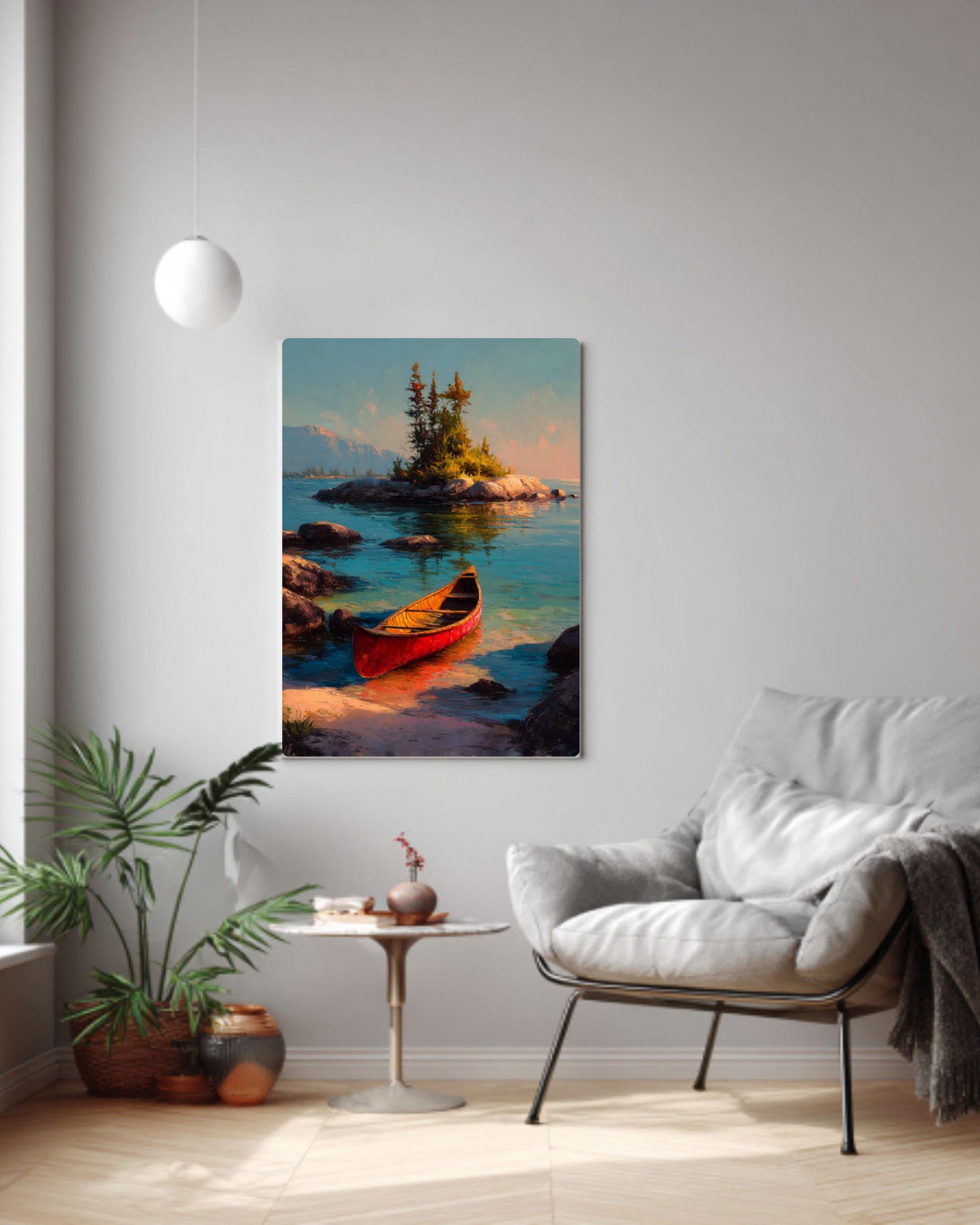 Vintage Red Canoe Lake Canvas Wall Art – Peaceful Mountain Landscape