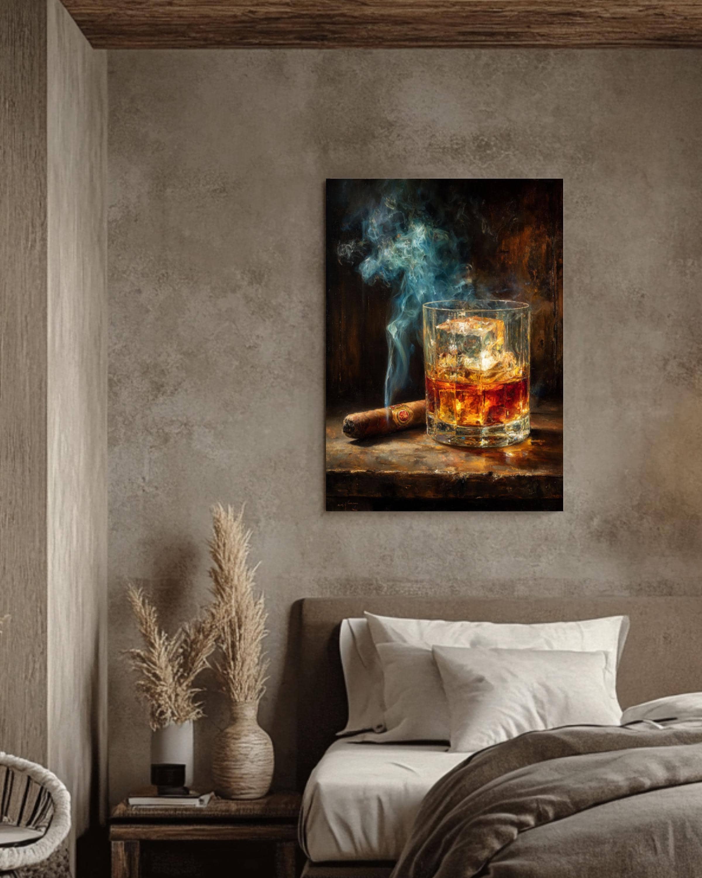 Whiskey & Cigar Smoke Vintage Bar Canvas Wall Art – Man Cave Decor