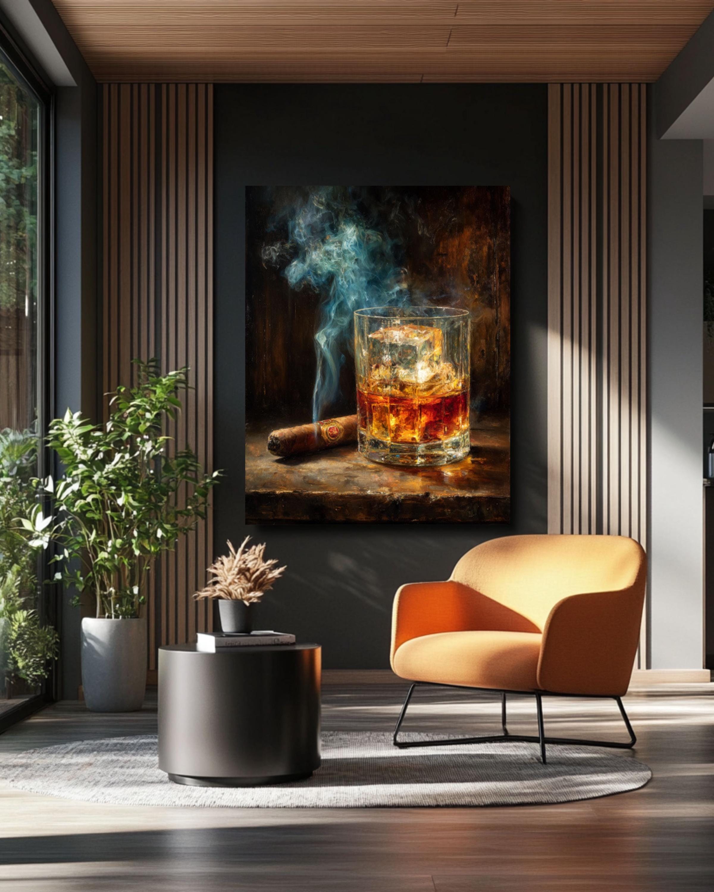 Whiskey & Cigar Smoke Vintage Bar Canvas Wall Art – Man Cave Decor