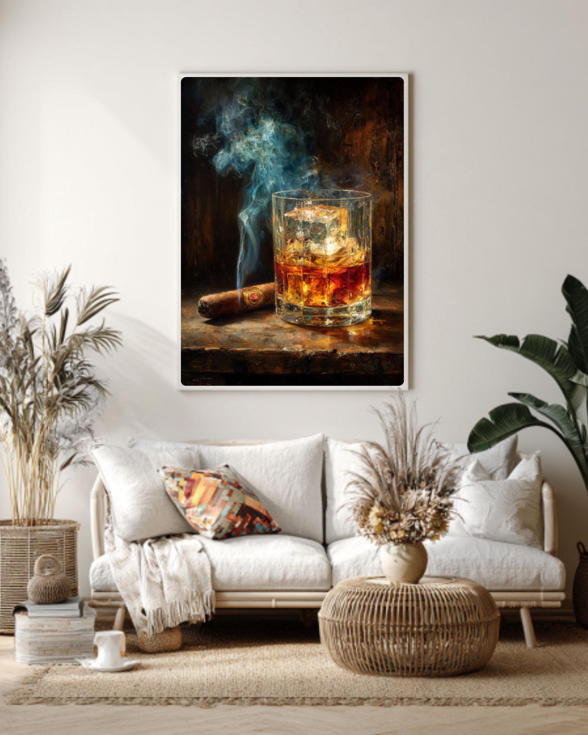 Whiskey & Cigar Smoke Vintage Bar Canvas Wall Art – Man Cave Decor