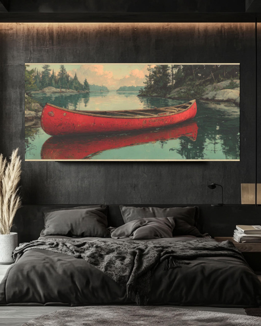 Serene Red Canoe Reflection Canvas Art – Vintage Lake Landscape Print
