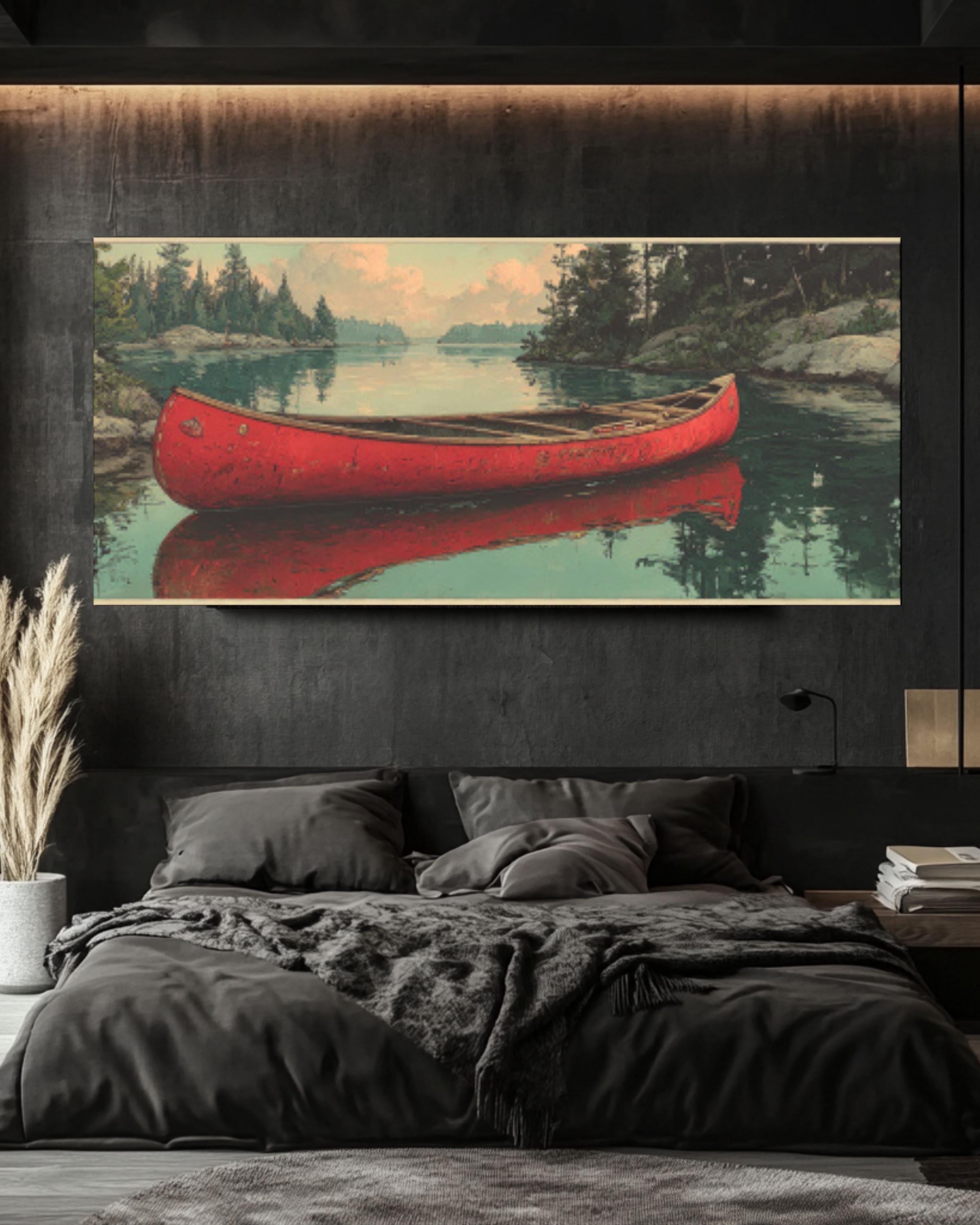 Serene Red Canoe Reflection Canvas Art – Vintage Lake Landscape Print