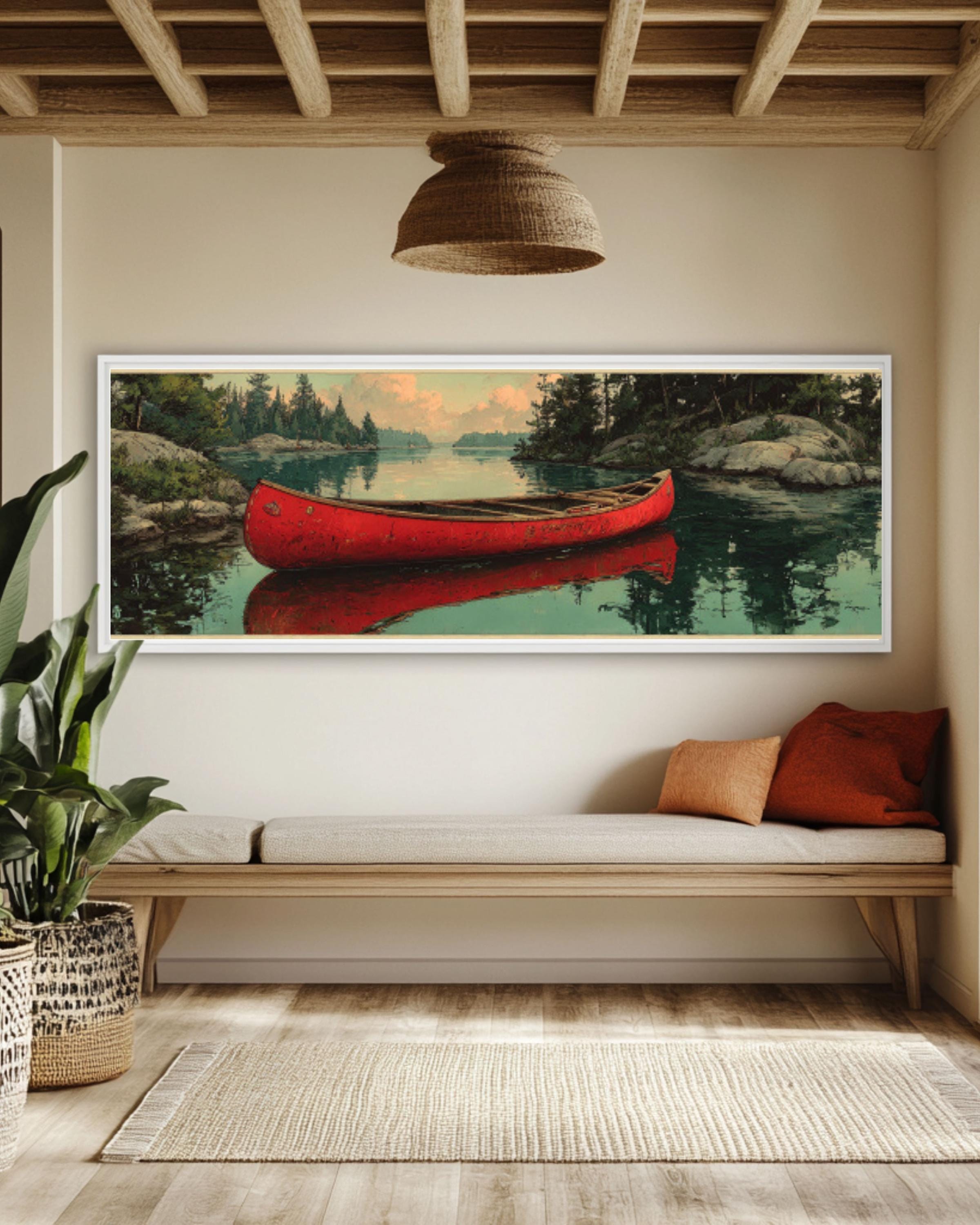 Serene Red Canoe Reflection Canvas Art – Vintage Lake Landscape Print