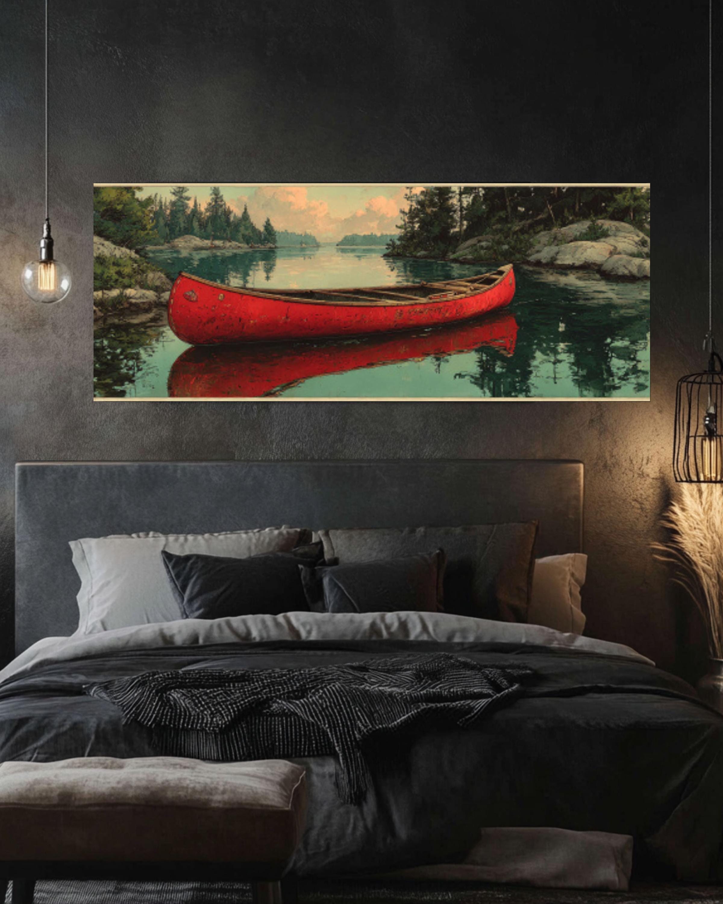 Serene Red Canoe Reflection Canvas Art – Vintage Lake Landscape Print
