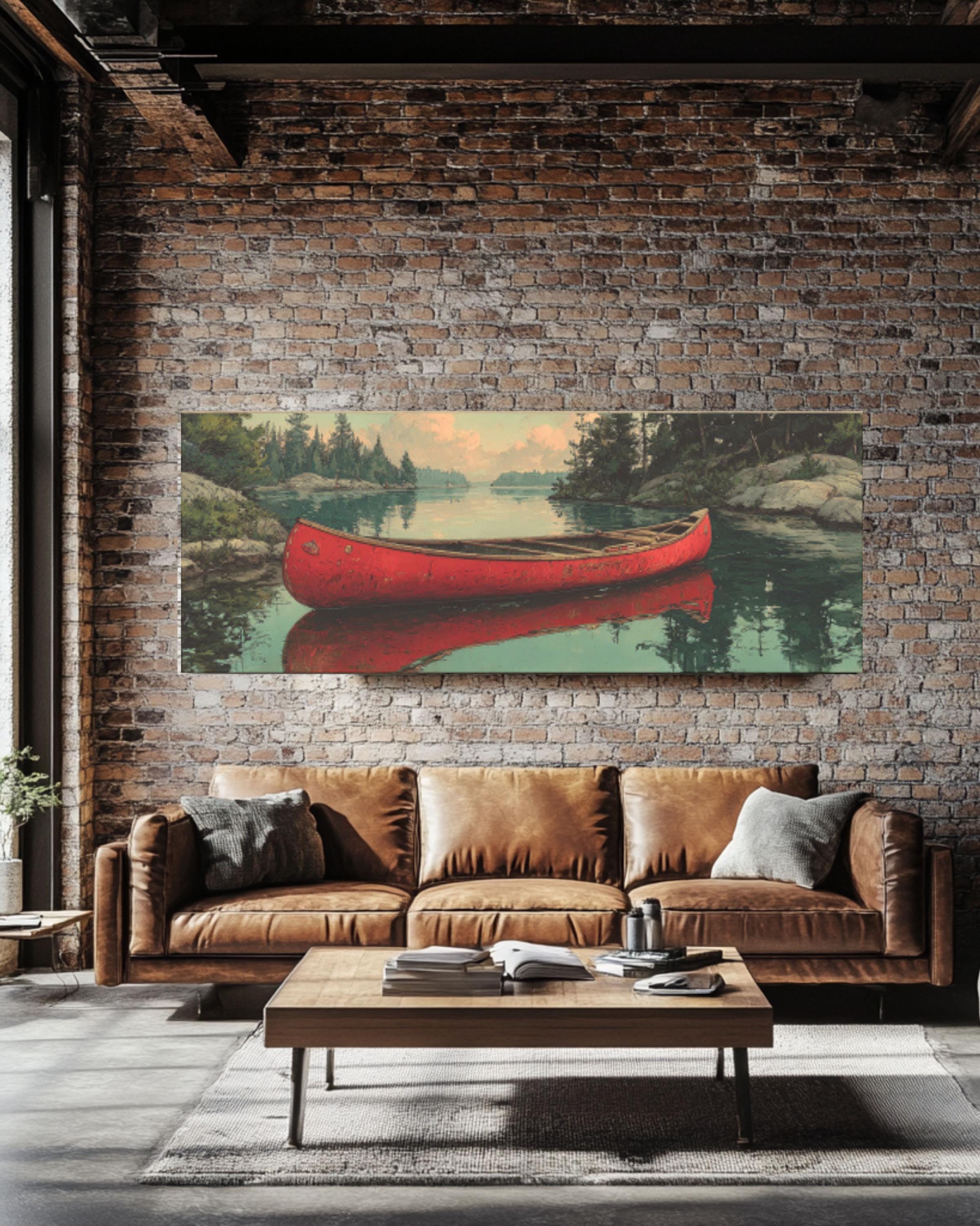 Serene Red Canoe Reflection Canvas Art – Vintage Lake Landscape Print