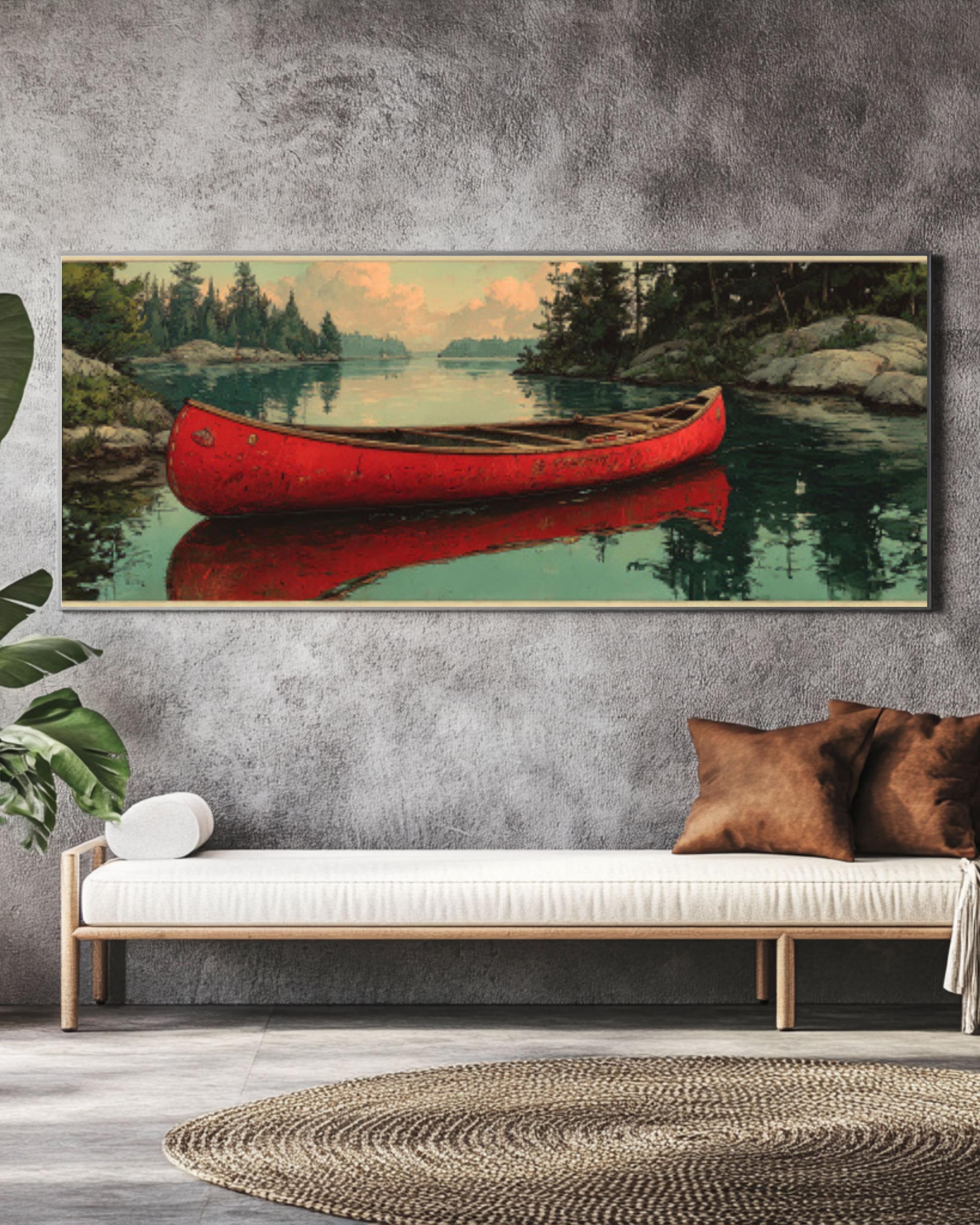 Serene Red Canoe Reflection Canvas Art – Vintage Lake Landscape Print