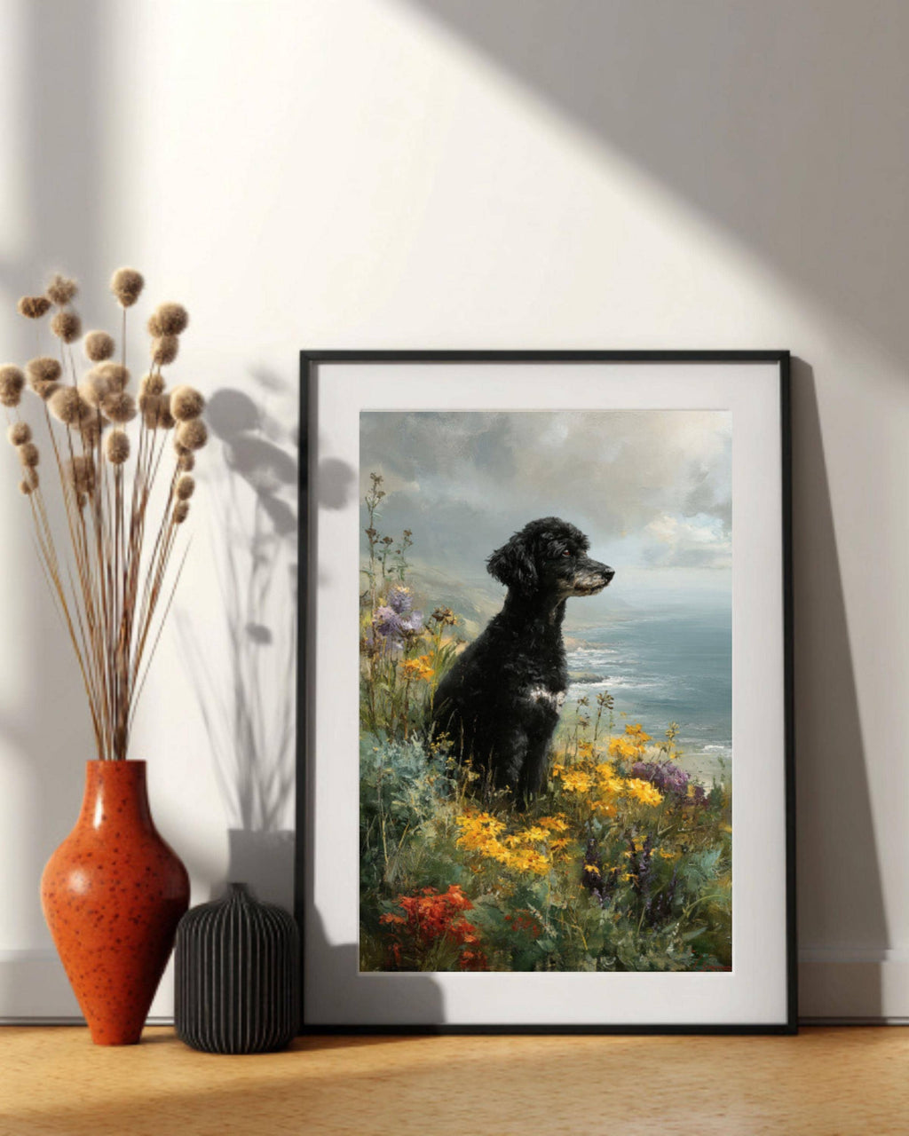 Black Poodle Coastal Portrait Canvas Art
