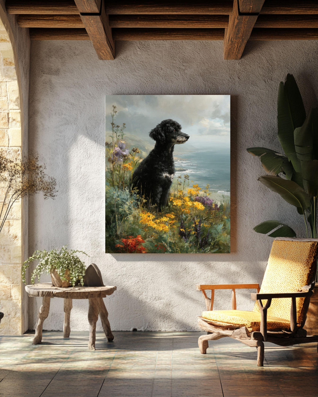 Black Poodle Coastal Portrait Canvas Art
