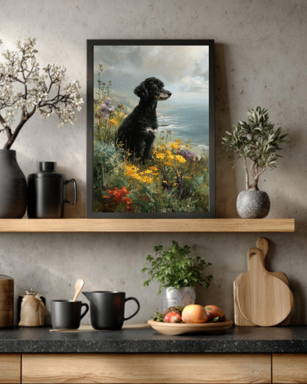 Black Poodle Coastal Portrait Canvas Art