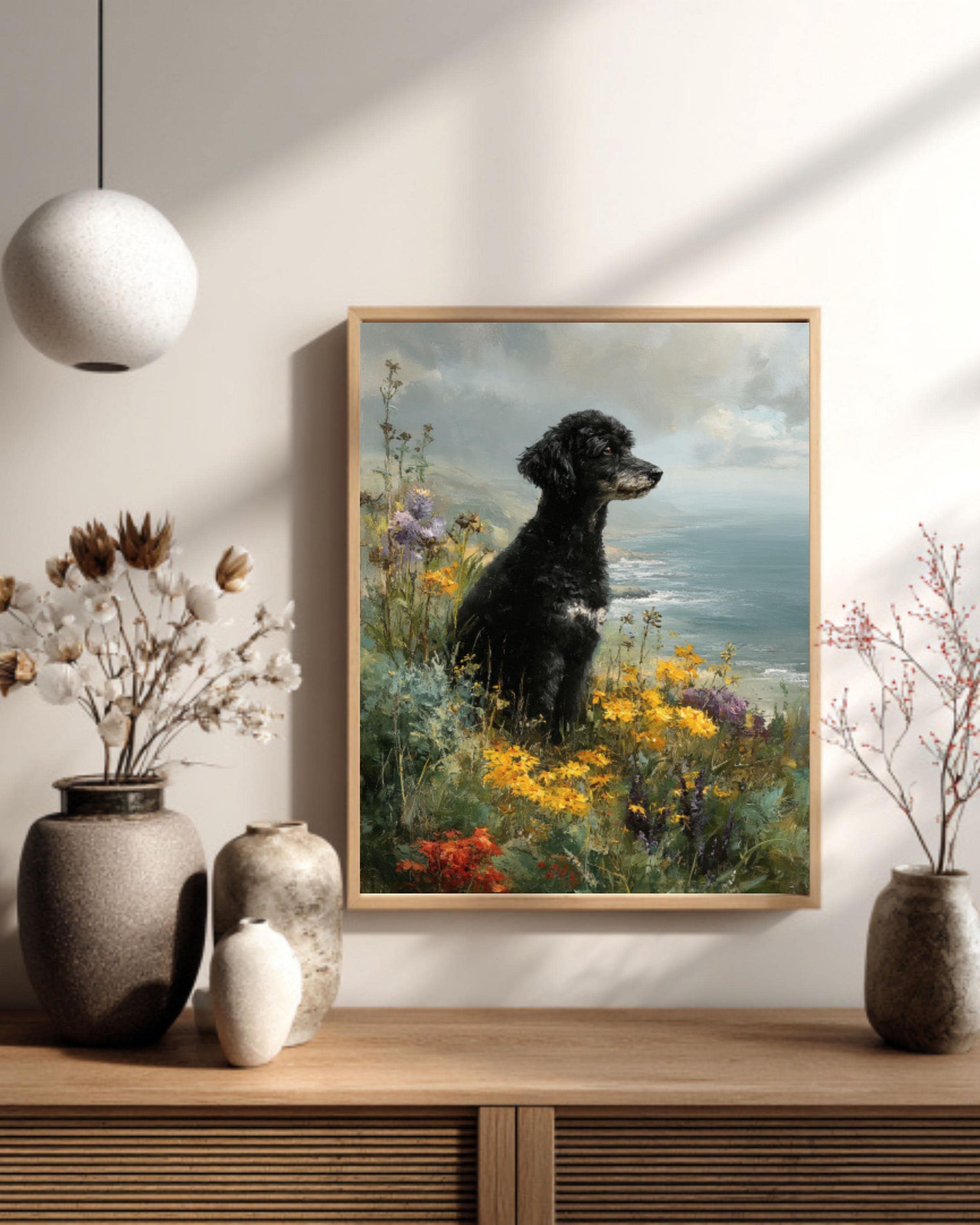 Black Poodle Coastal Portrait Canvas Art
