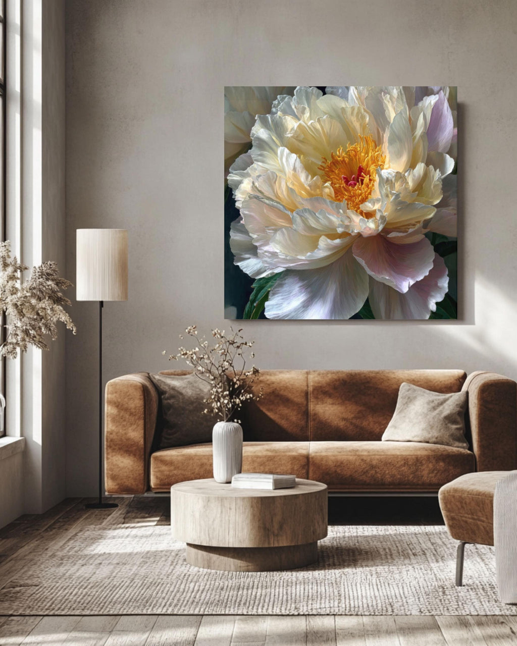 White Peony Floral Canvas Art – Botanical Oil Painting