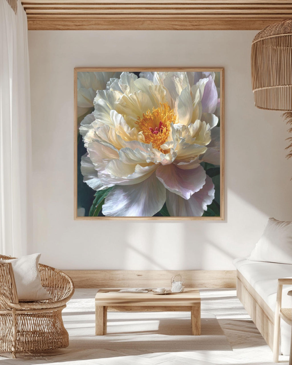 White Peony Floral Canvas Art – Botanical Oil Painting