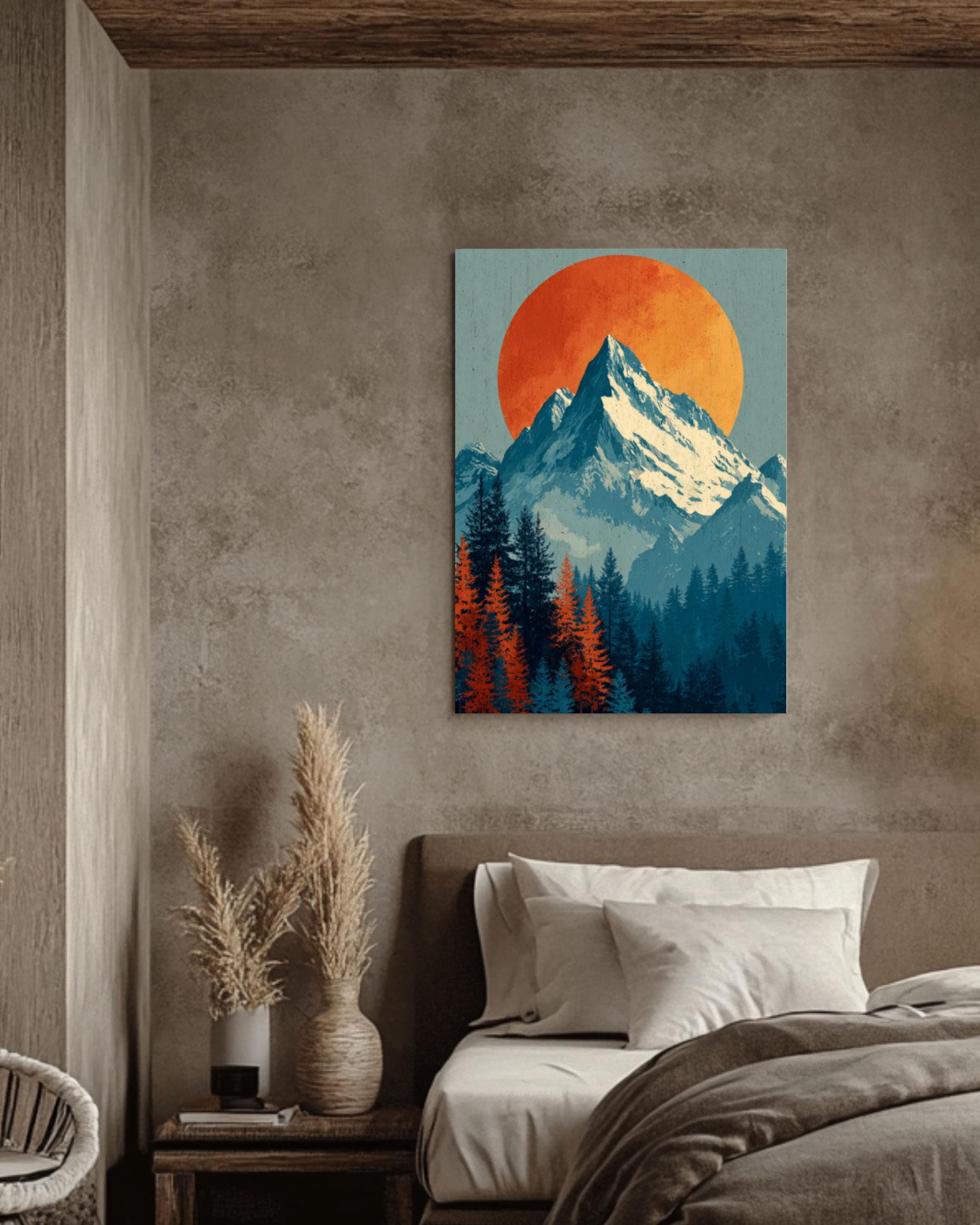 Vintage Mountain Sunset Canvas Wall Art – Snowy Peaks Landscape
