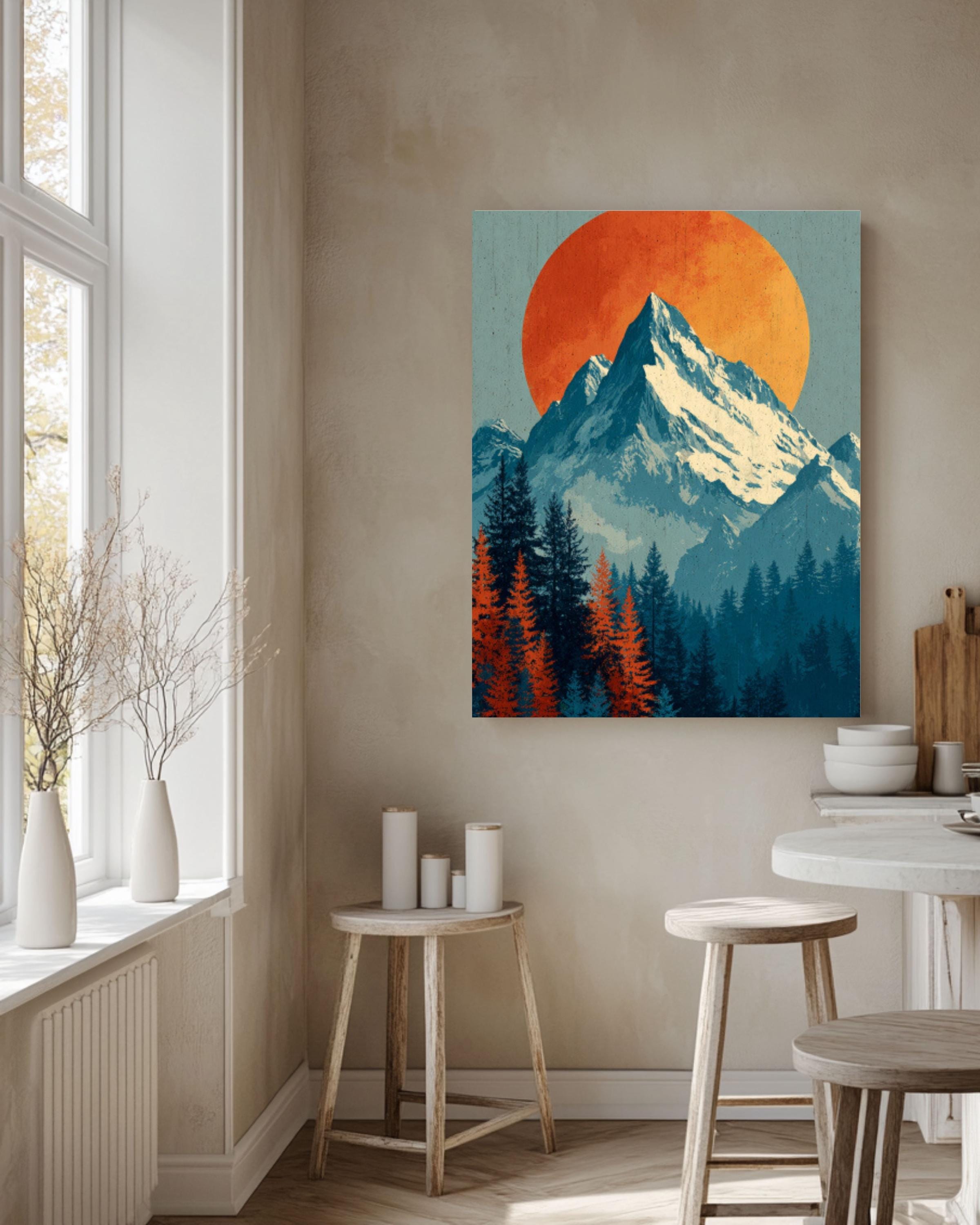 Vintage Mountain Sunset Canvas Wall Art – Snowy Peaks Landscape