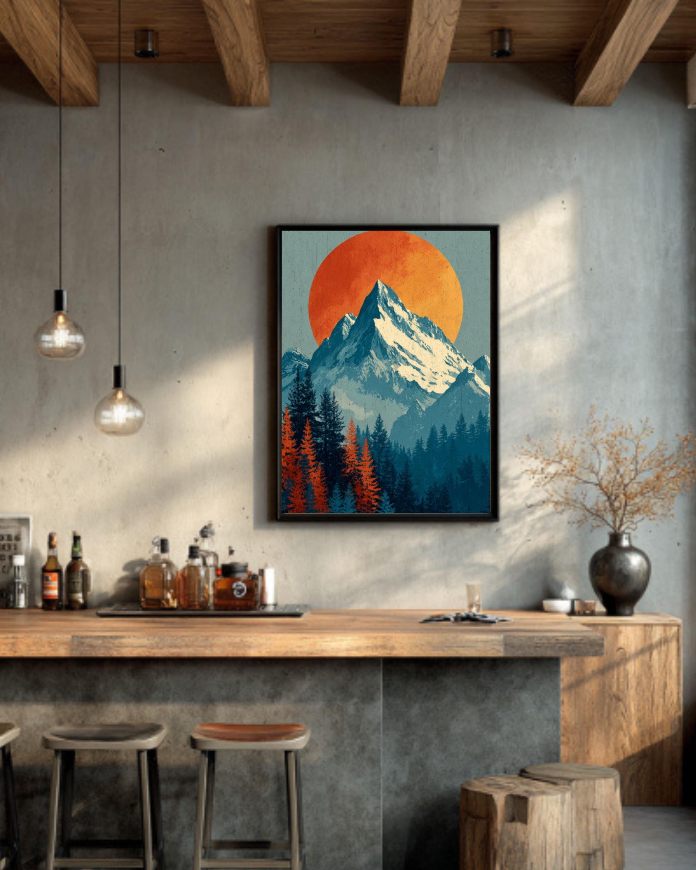 Vintage Mountain Sunset Canvas Wall Art – Snowy Peaks Landscape