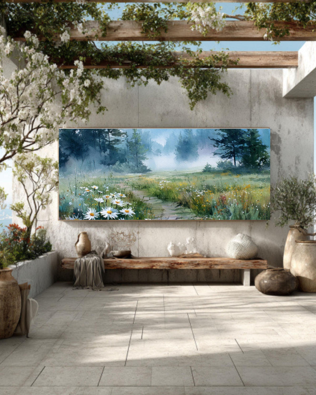 Foggy Meadow Daisy Watercolor Canvas Art – Soft Pastel Landscape