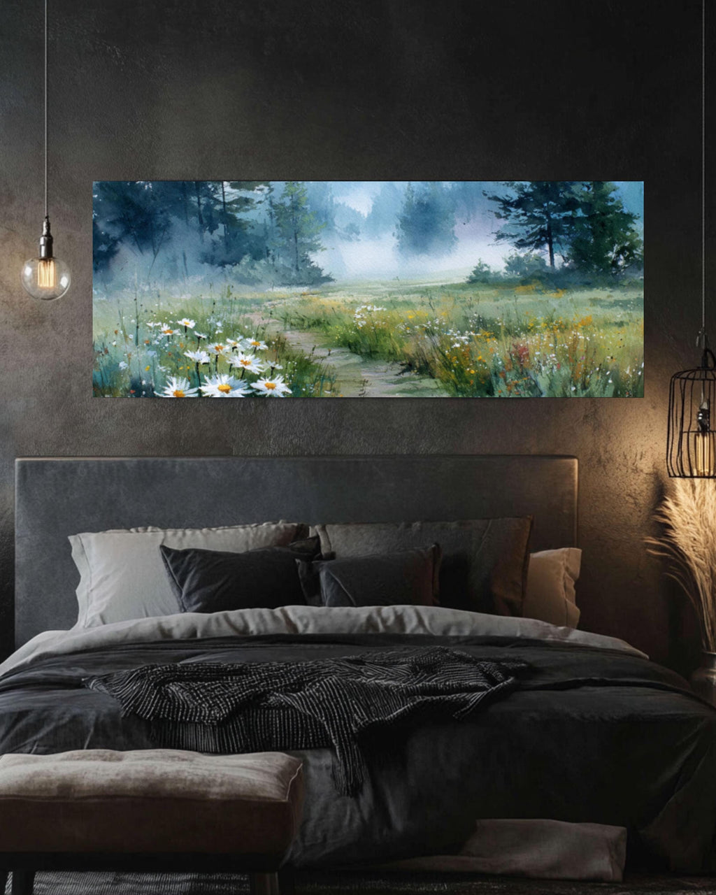 Foggy Meadow Daisy Watercolor Canvas Art – Soft Pastel Landscape