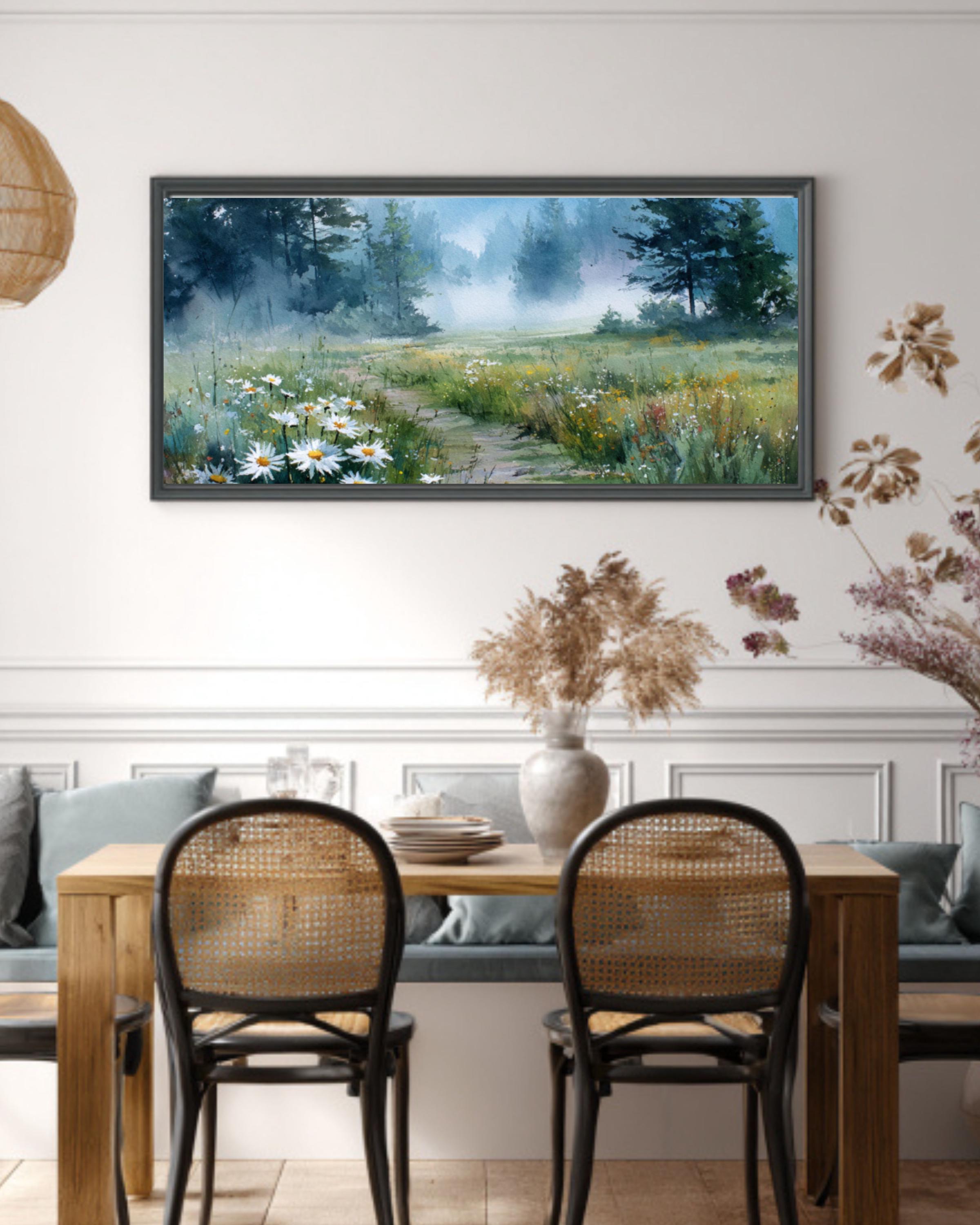 Foggy Meadow Daisy Watercolor Canvas Art – Soft Pastel Landscape