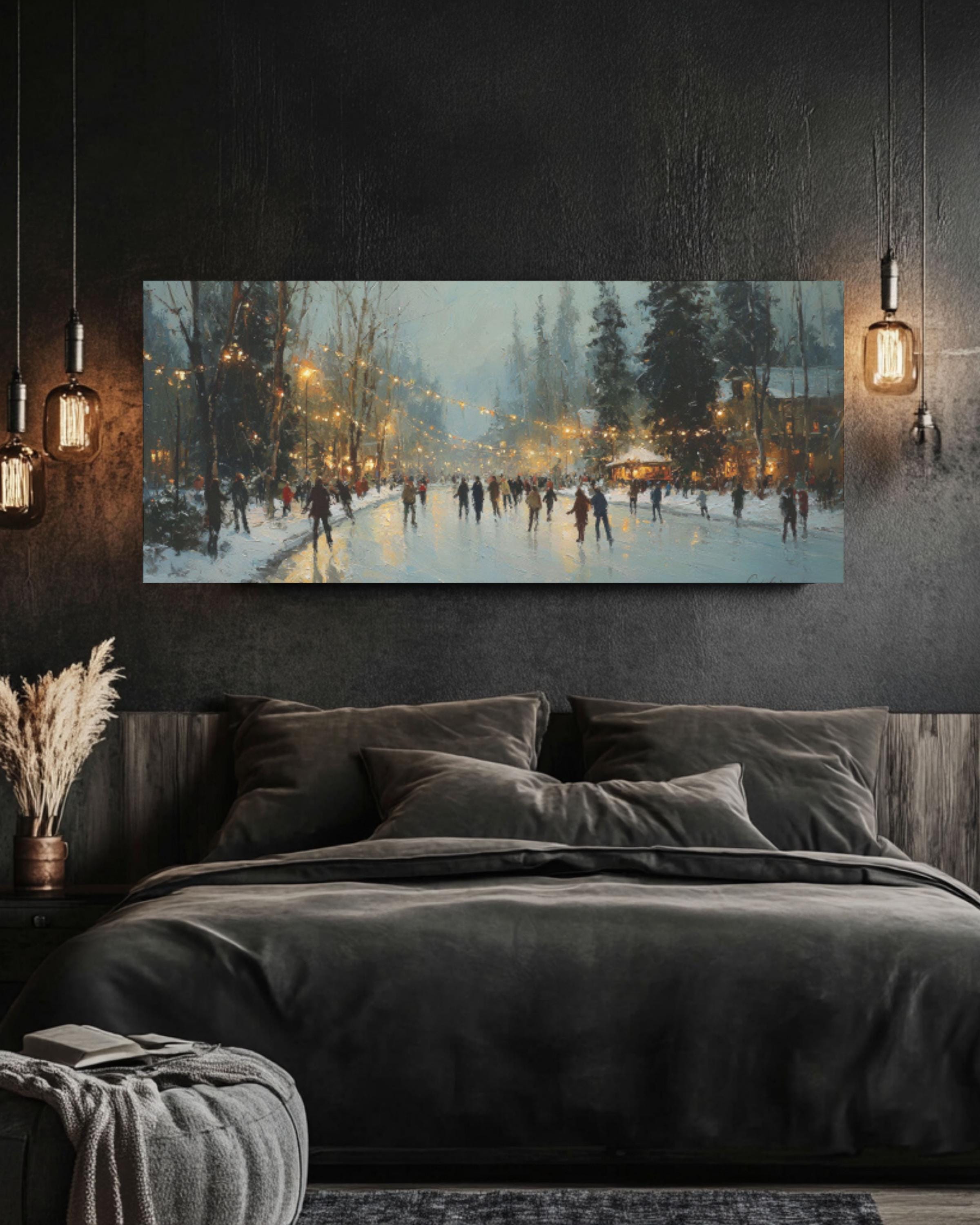 Vintage Winter Ice Skating Canvas Wall Art – Nostalgic Holiday Scene