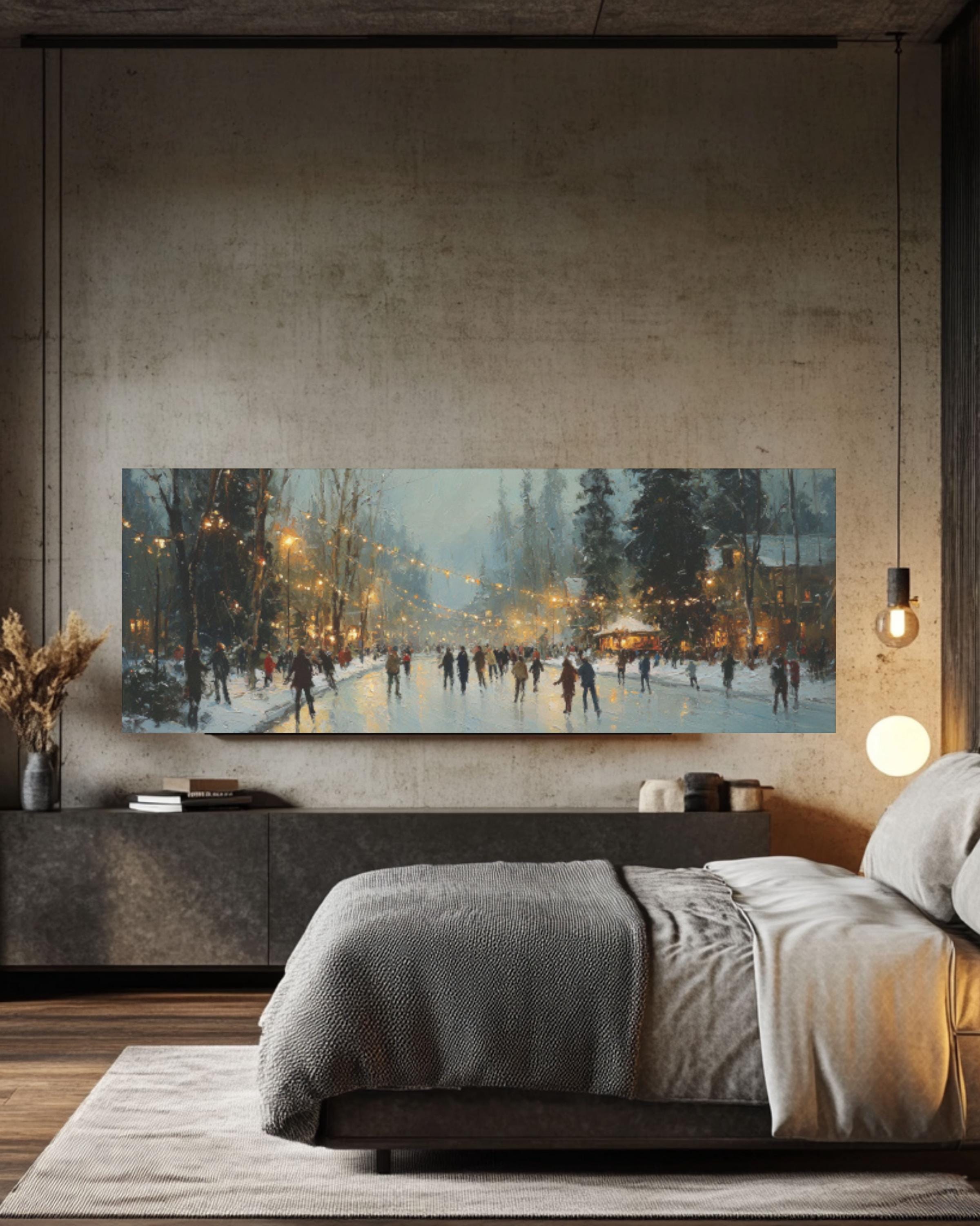 Vintage Winter Ice Skating Canvas Wall Art – Nostalgic Holiday Scene