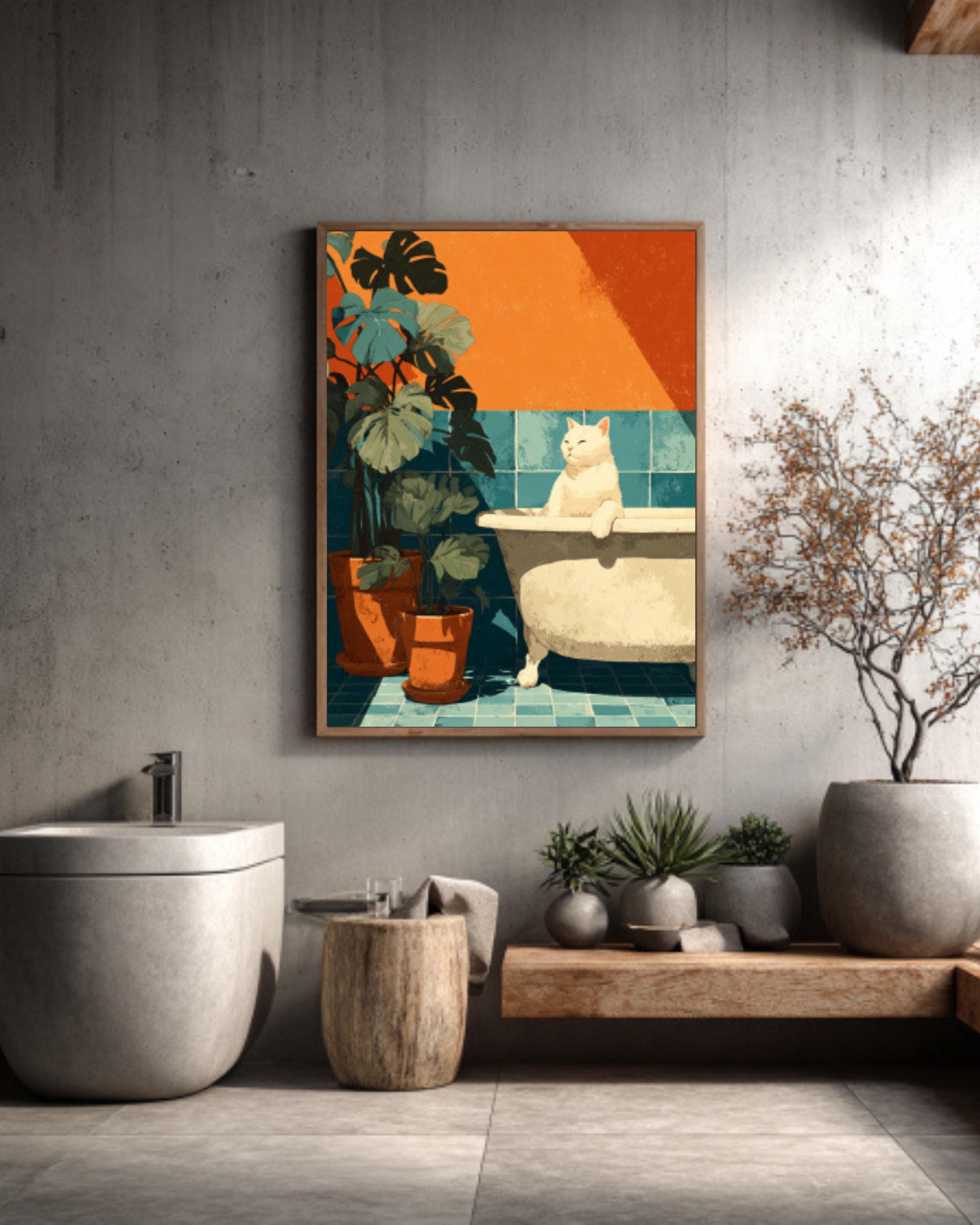 Matisse Style Cat in Bathtub Canvas Wall Art – Whimsical Bathroom Décor