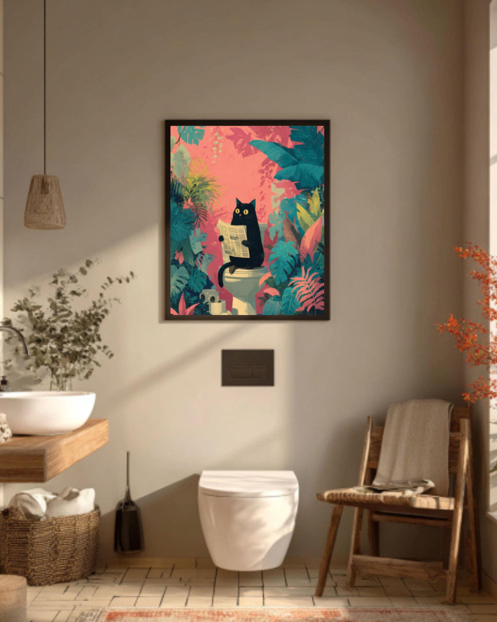 Funny Black Cat Bathroom Canvas Wall Art – Tropical Jungle Décor