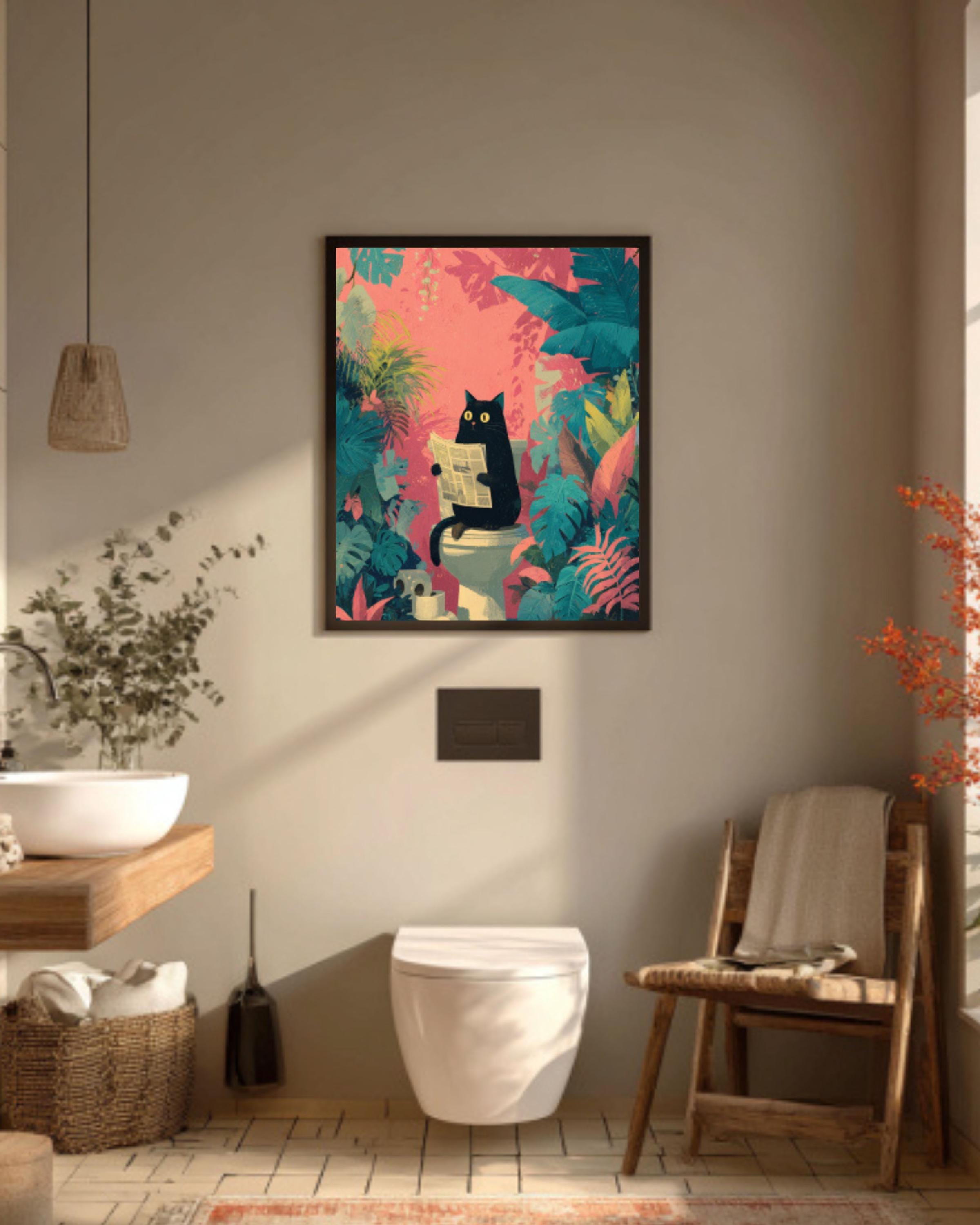 Funny Black Cat Bathroom Canvas Wall Art – Tropical Jungle Décor
