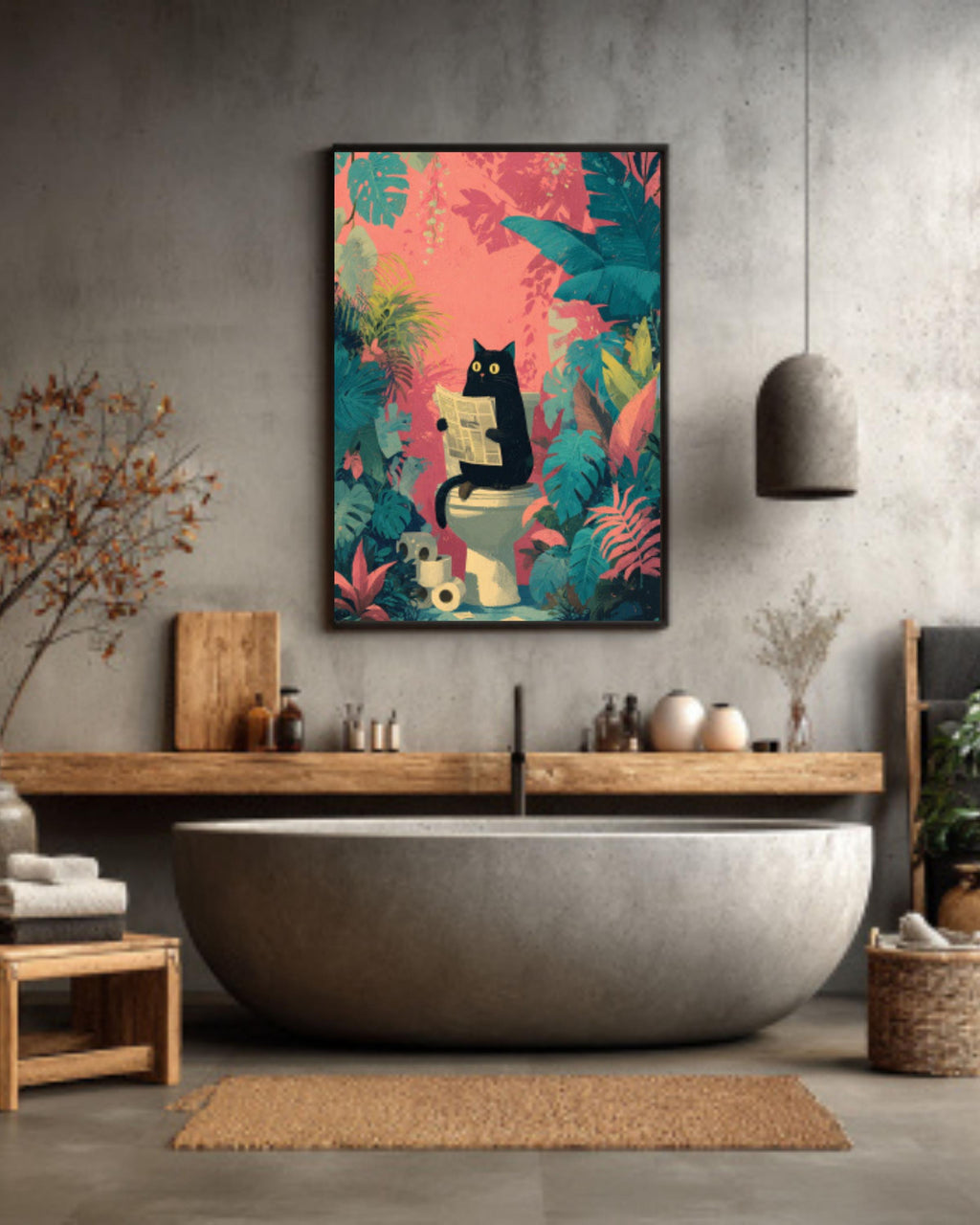 Funny Black Cat Bathroom Canvas Wall Art – Tropical Jungle Décor