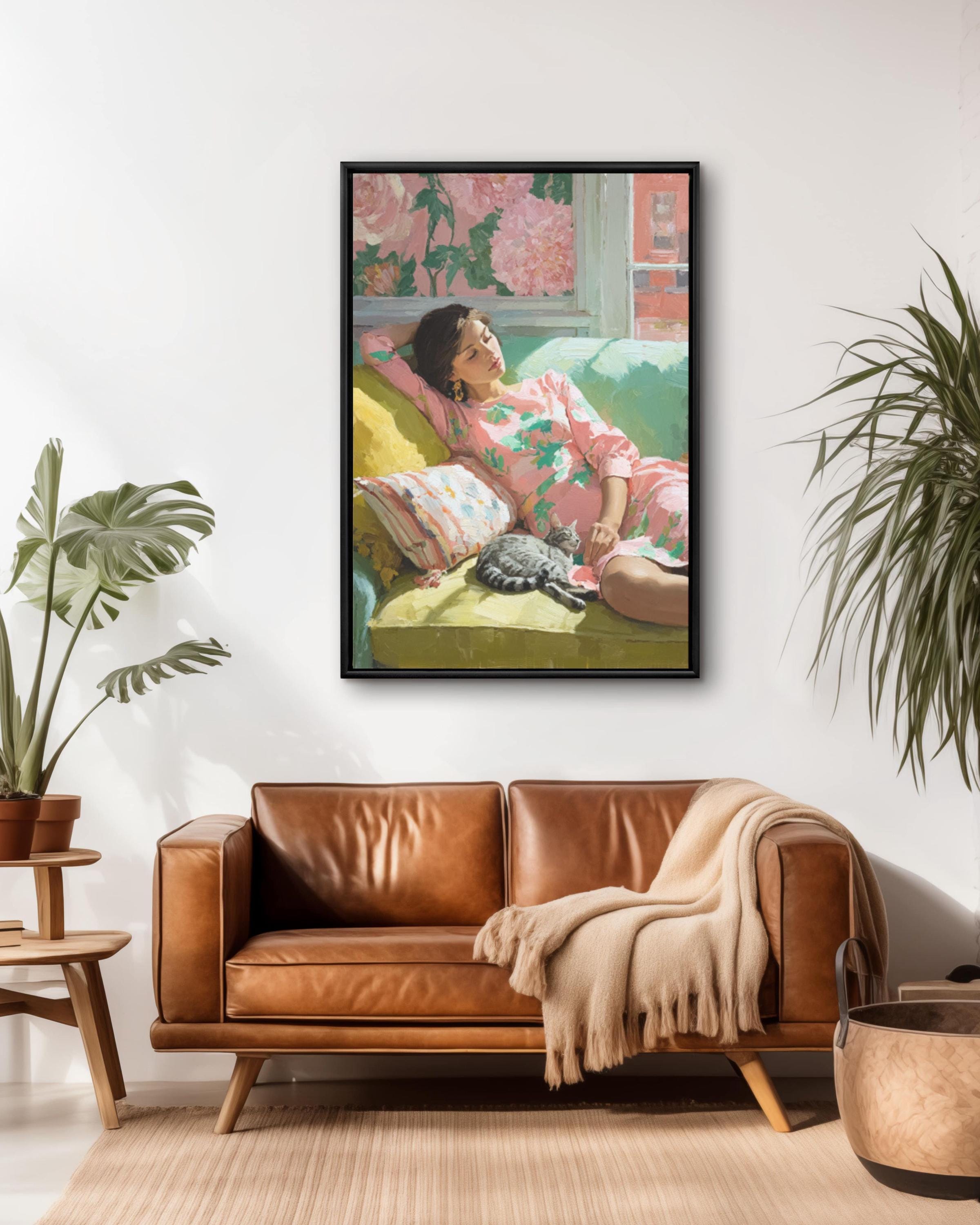 Matisse Inspired Woman and Cat Canvas Print – Pastel Modern Wall Art