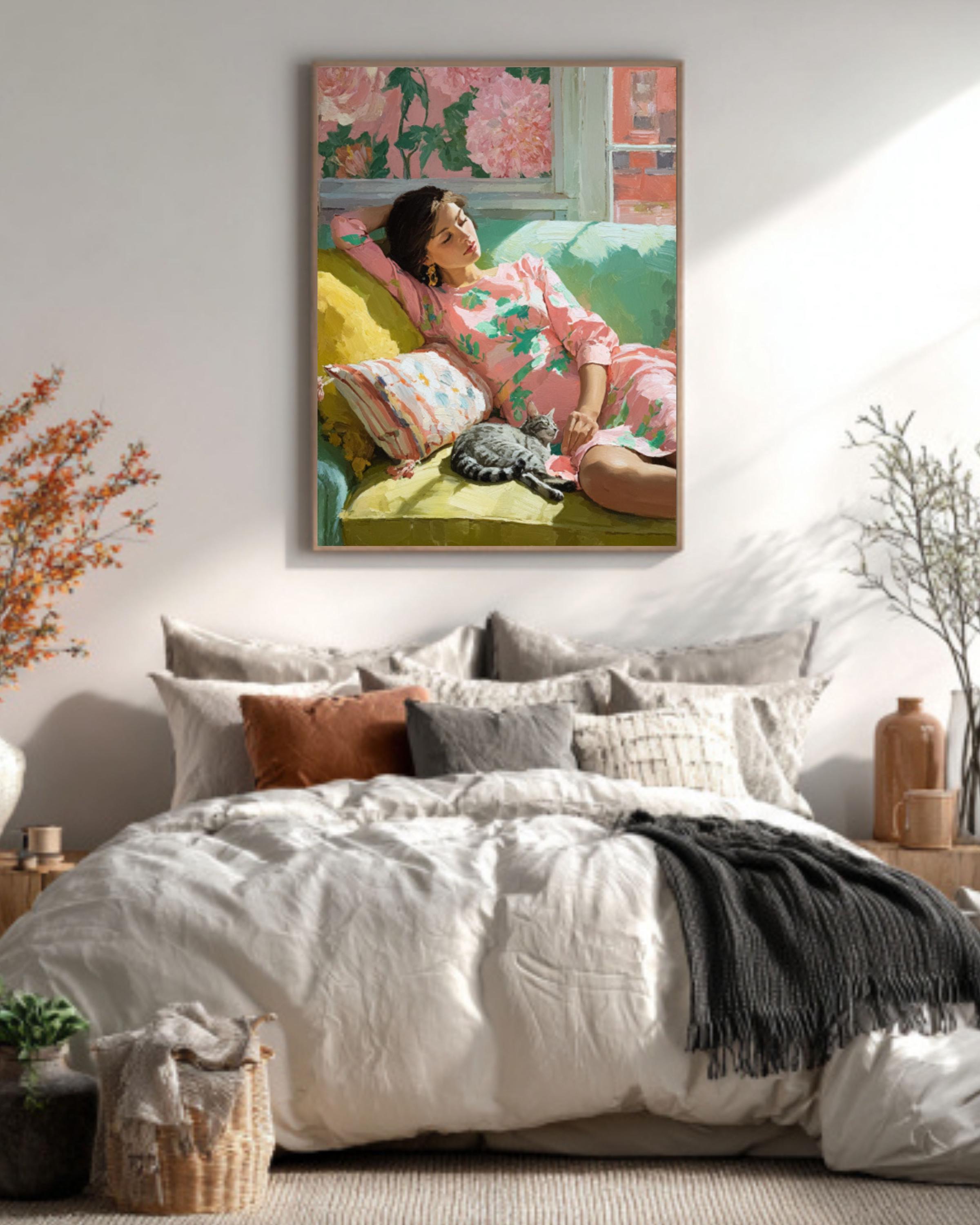 Matisse Inspired Woman and Cat Canvas Print – Pastel Modern Wall Art