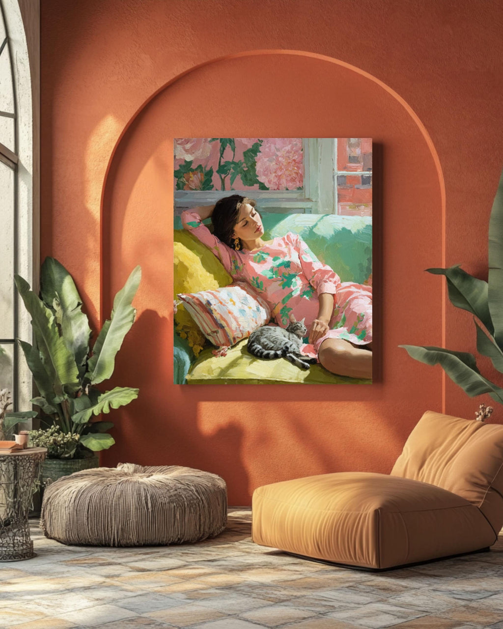 Matisse Inspired Woman and Cat Canvas Print – Pastel Modern Wall Art